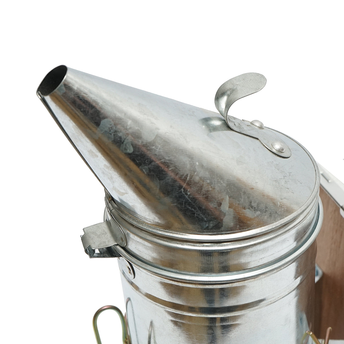 Méhészeti füstölő, horganyzott acél, hővédő hengerrel és bőrfújtatóval, 230 mm