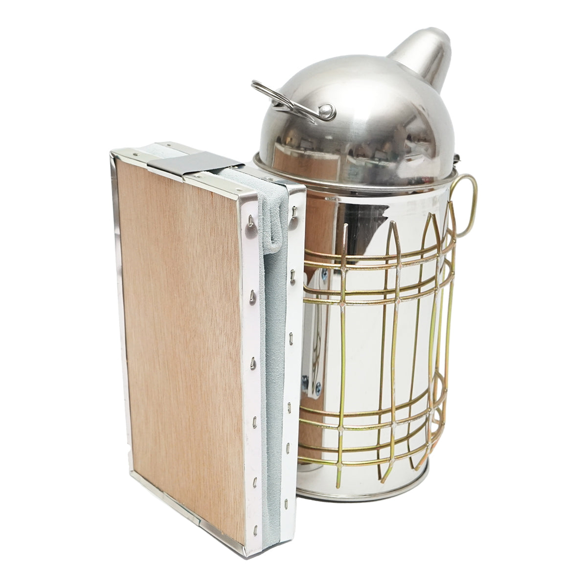 Méhészeti füstölő, rozsdamentes acél, 160 mm, hővédő hengerrel és bőrfújtatóval