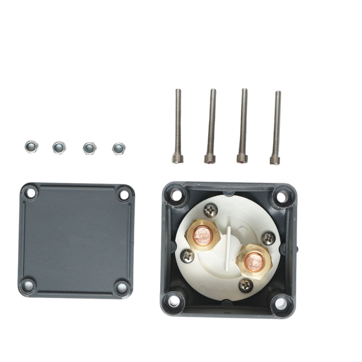 Főkapcsoló akkumulátorhoz, 12–50V, méret: 70x70x75 mm