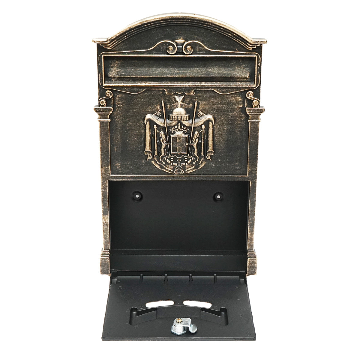 Antik aranyozott postaláda 410X260X90mm 2 kulccsal, rögzítő tartozékokkal