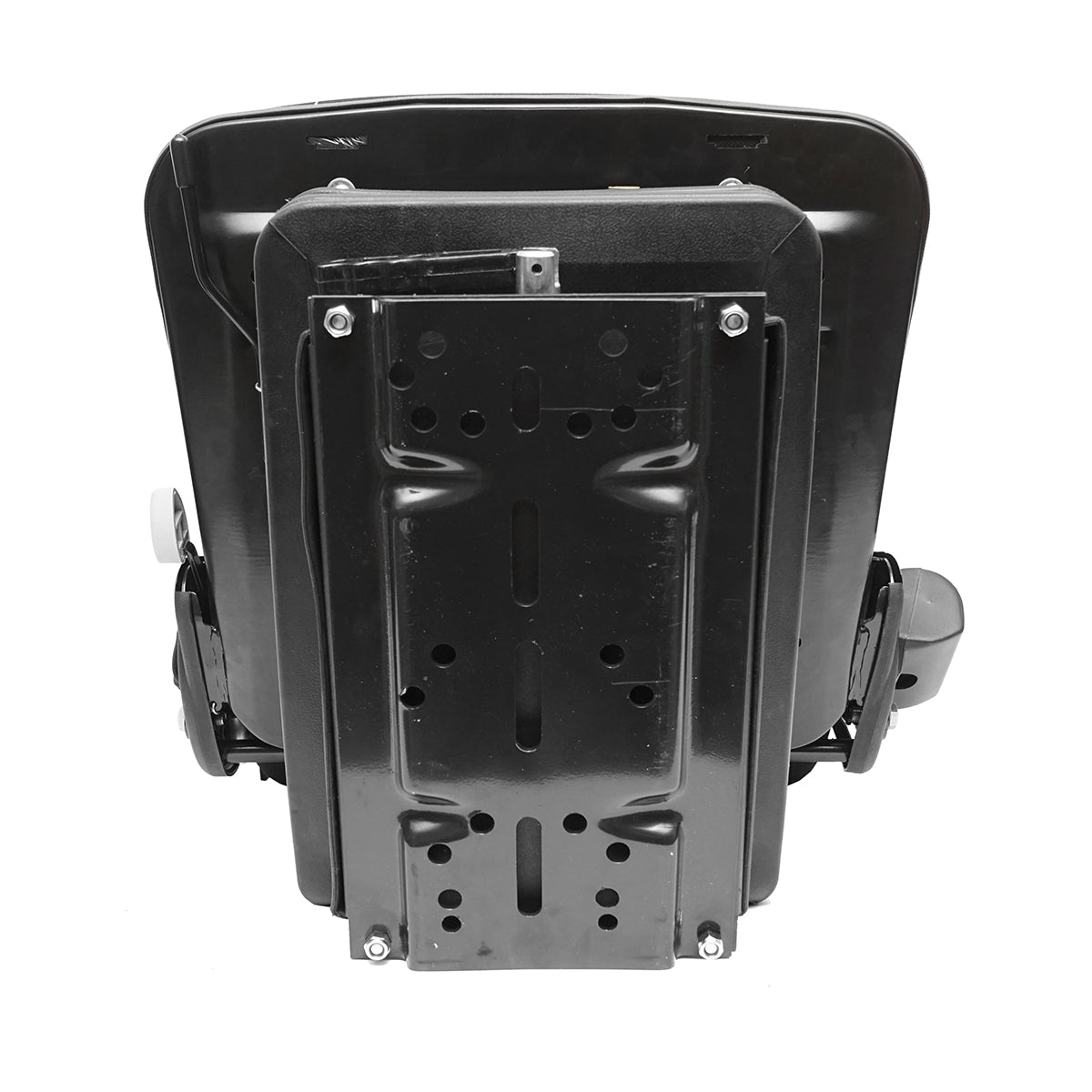 Fekete traktorülés, állítható, kartámasszal, fejtámlával, biztonsági övvel és mechanikus felfüggesztéssel, ülés szélessége 455 mm