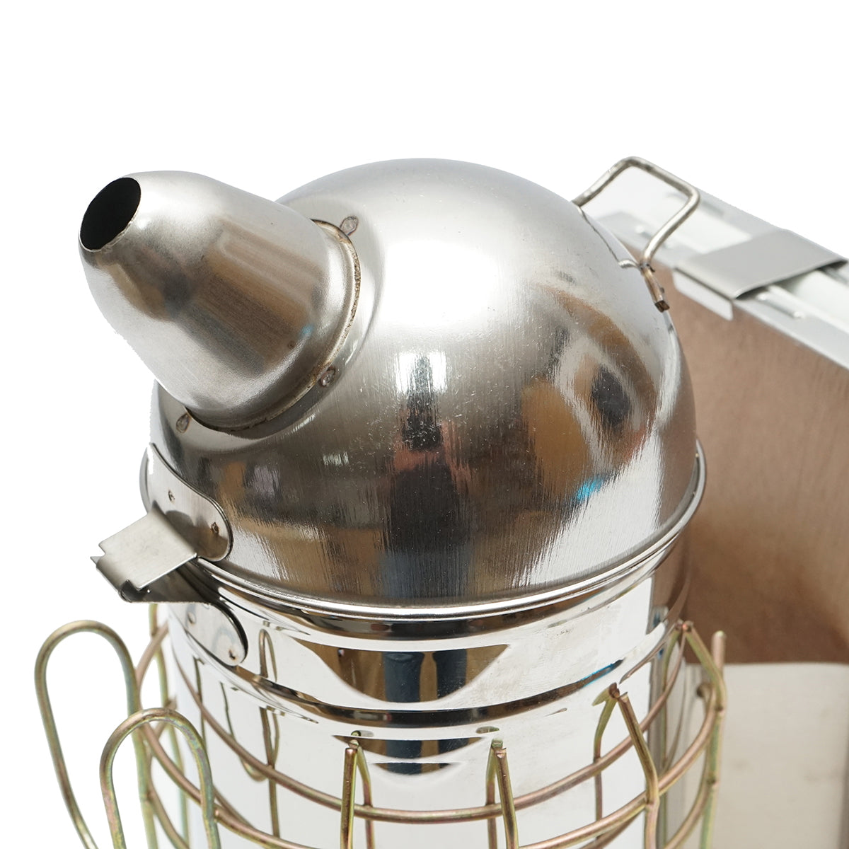 Méhészeti füstölő, rozsdamentes acél, hővédő hengerrel és bőrfújtatóval, 250 mm