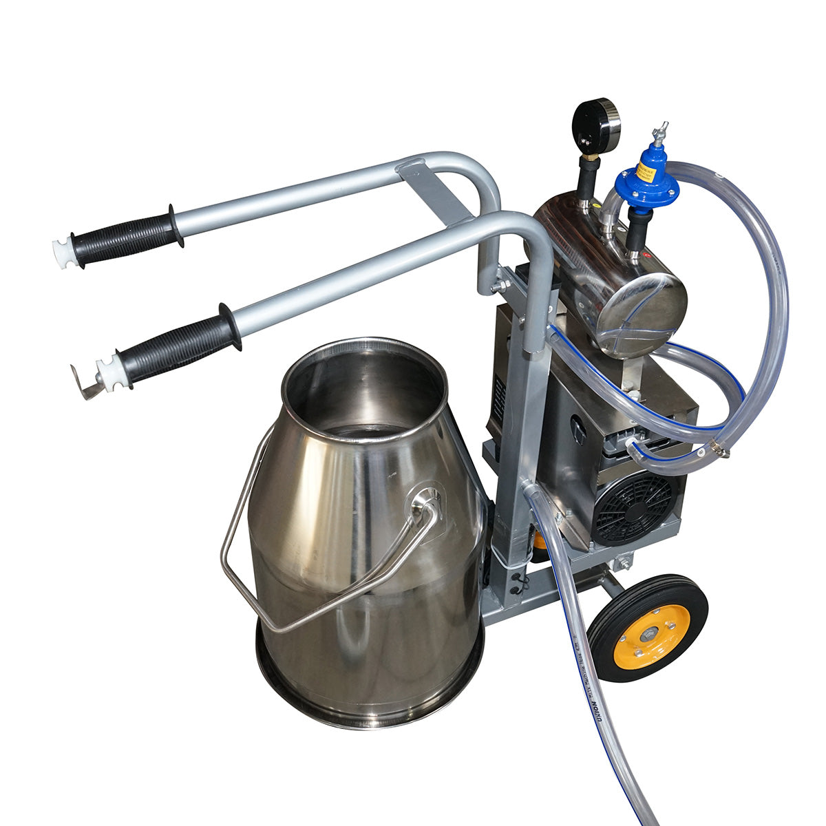 Tehénfejő gép, 1 állásos, 650 W, 25 literes rozsdamentes acél tartállyal, fejőegység 4 fejőpohárral, vákuumnyomás 45–50 kPa, pulzálás 60–80 ciklus/perc