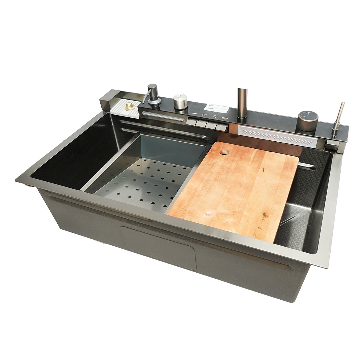 Multifunkcionális mosogató kagyló 2 vízeséssel, rozsdamentes acél, digitális hőmérséklet kijelzővel, szappanadagolóval, üvegmosóval, mellékelt tartozékokkal, méret 75x46x23,5cm