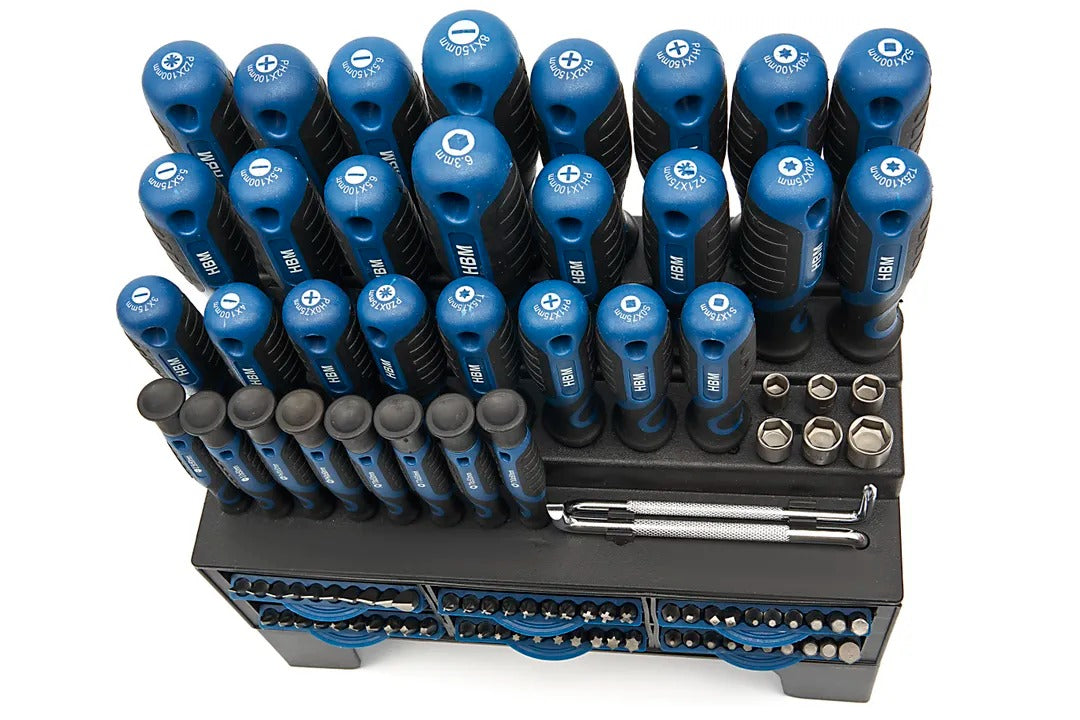 100 DARABOS KÉSZLET: CSAVARHÚZÓ, BITEK, DUGÓKULCSOK, CRV ACÉLBÓL TÁROLÓ ÁLLVÁNNYAL PUHA FOGANTYÚ HBM HOLLANDIA