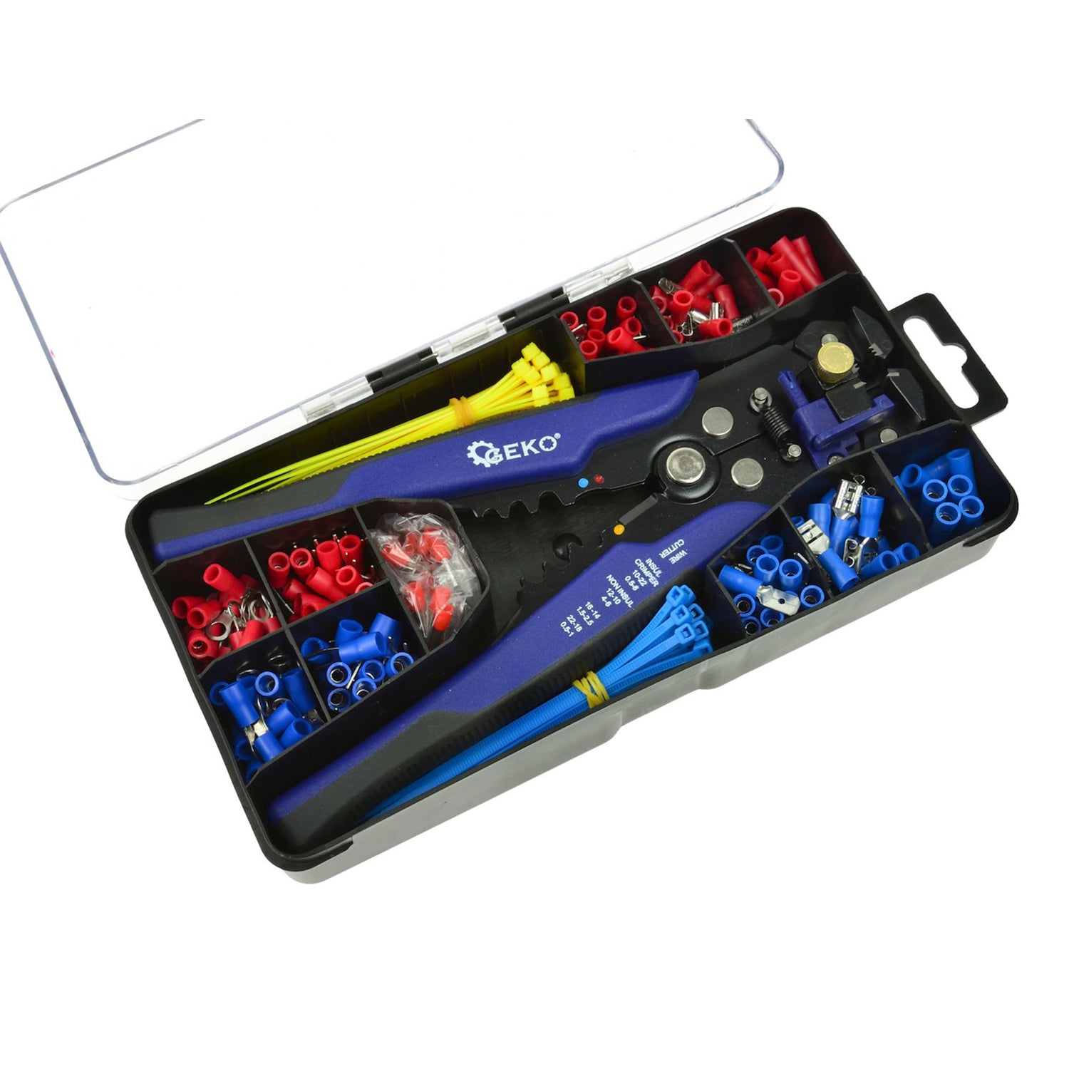 VEZETÉK CSUPASZÍTÓ, KRIMPELŐ FOGÓ ELEKTROMOS KÁBELEKHEZ 0.2-6 MM² 200 DB GEKO