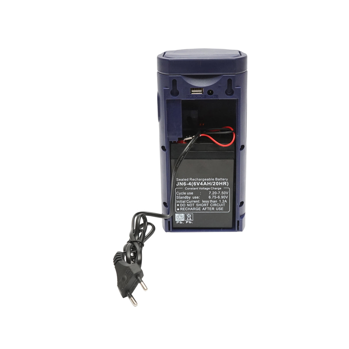 LED munkalámpa / hordozható lámpa, 6V 4Ah akkumulátorral, USB csatlakozással, 100x95x200 mm, lámpás típus