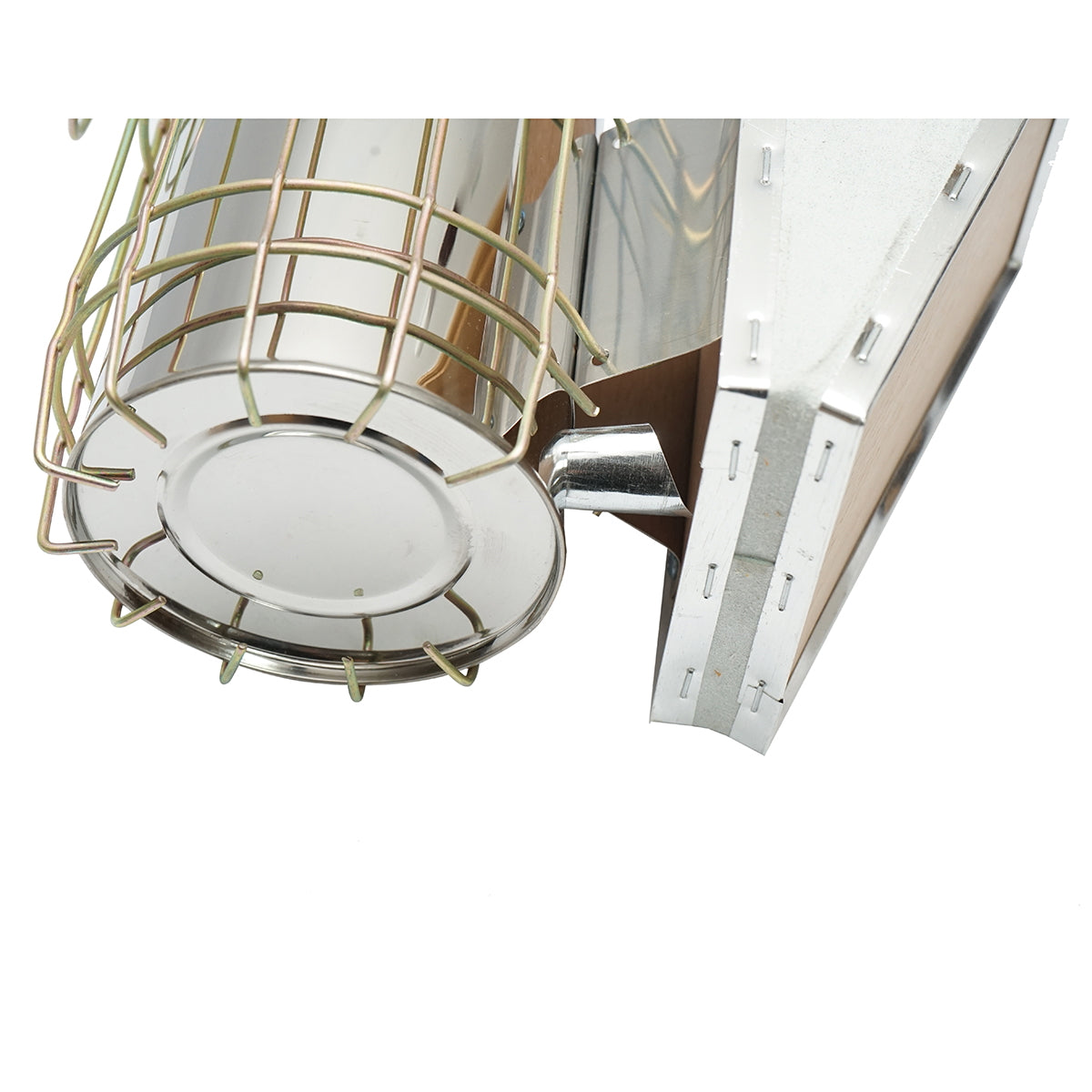 Méhészeti füstölő, rozsdamentes acél, hővédő hengerrel és bőrfújtatóval, 190 mm