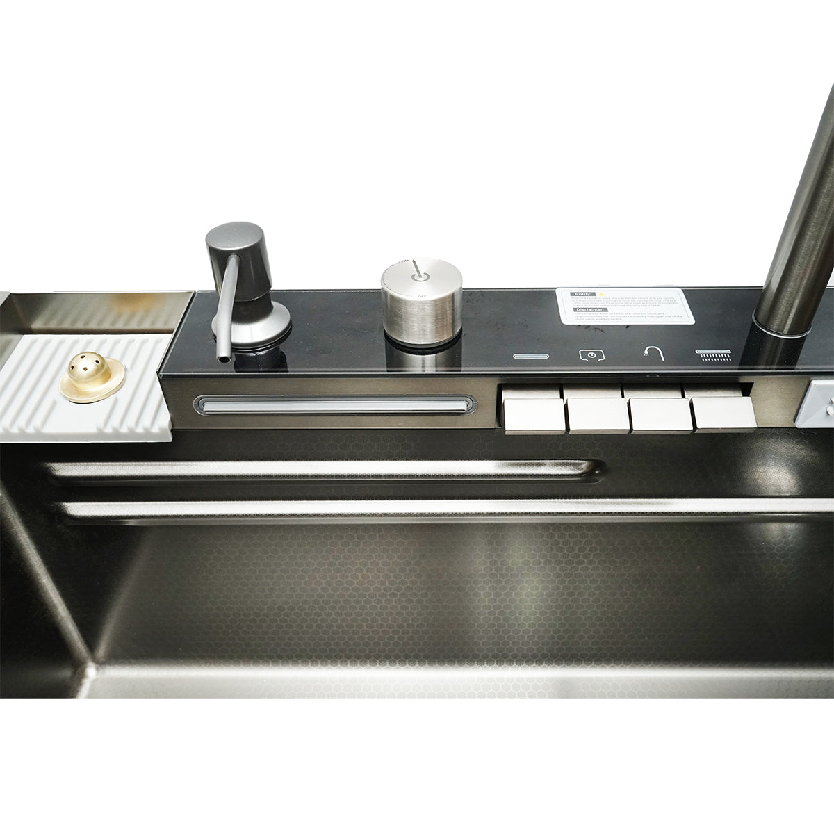 Multifunkcionális mosogató kagyló 2 vízeséssel, rozsdamentes acél, digitális hőmérséklet kijelzővel, szappanadagolóval, üvegmosóval, mellékelt tartozékokkal, méret 75x46x23,5cm