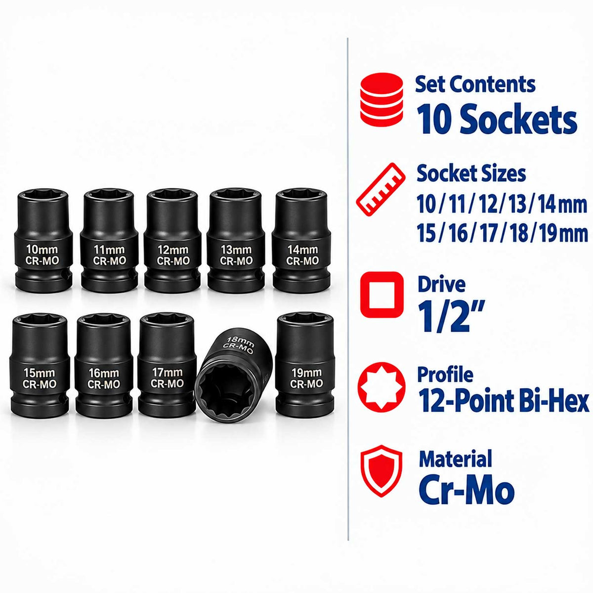 Gépi bi-hexagonális dugókulcs készlet rövid 10 db 1/2" 12 oldal