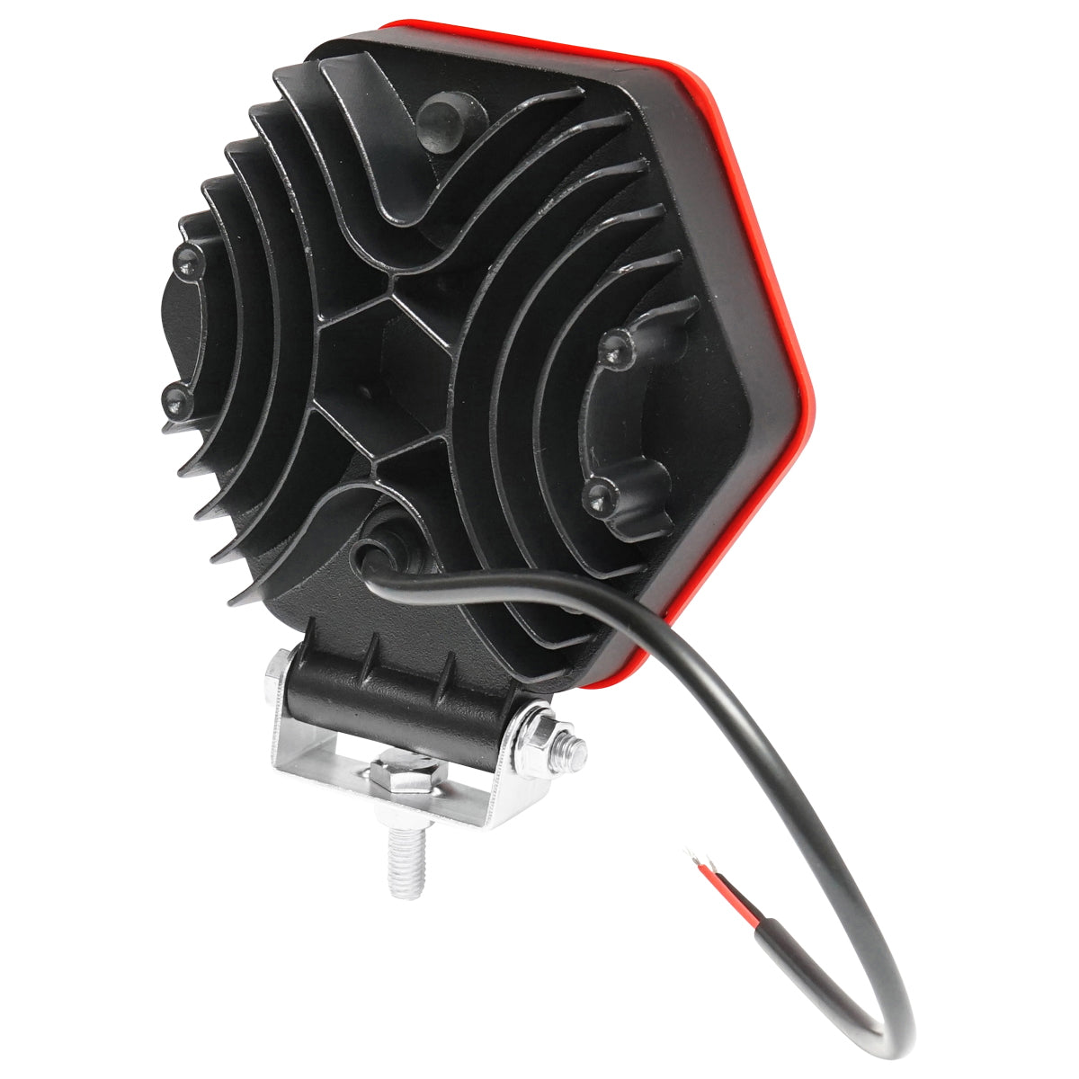 Hatszögletű lámpa piros műanyag ráccsal, 16 LED, DC 10–60V, 48W, 30° sugárzási szög