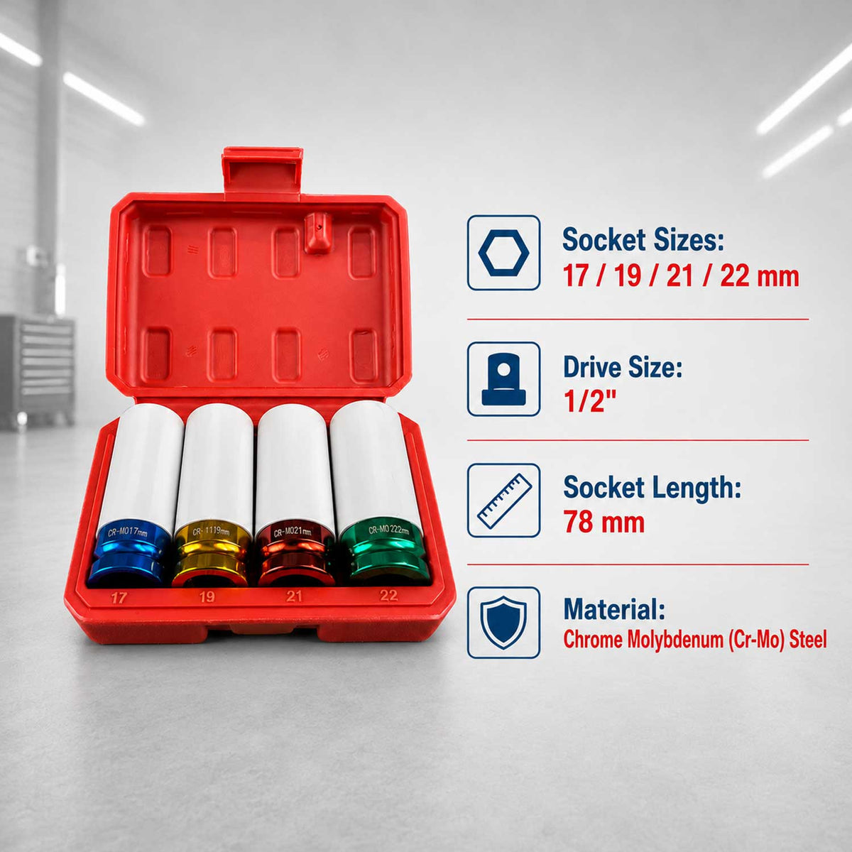 4 db dugókulcs készlet könnyűfém keréktárcsákhoz 1/2 17-22mm GEBO TOOLS