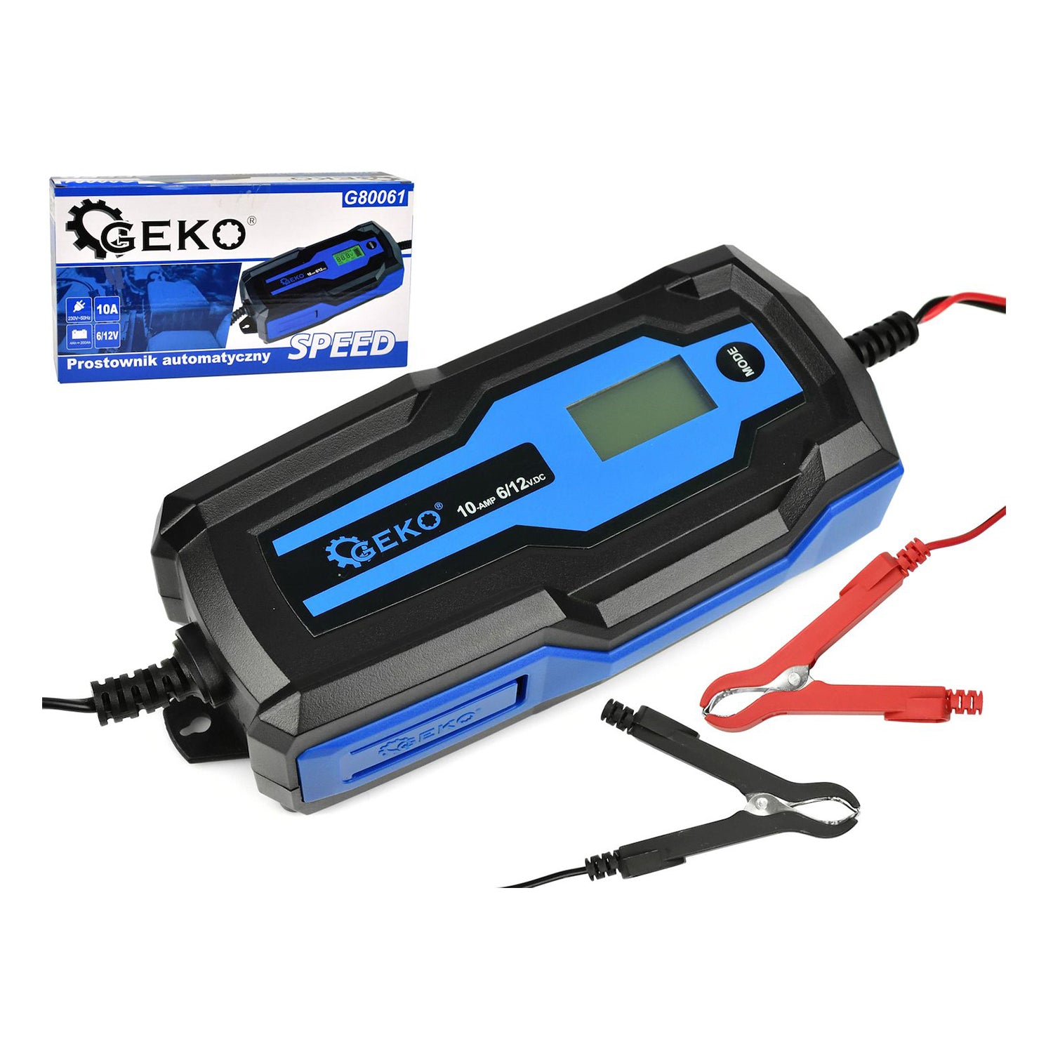 AUTOMATA AUTÓ AKKUMULÁTOR TÖLTŐ LCD KIJELZŐVEL 6/12V 10A 4–120 AH AKKUMULÁTOROKHOZ GEKO
