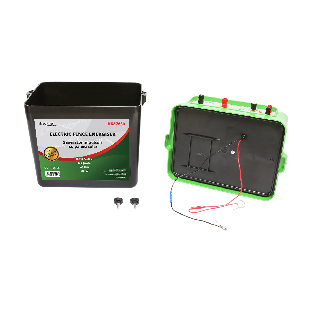 Impulzusgenerátor elektromos kerítéshez, 12 V, 6,2 Joule, 40 km hatótáv, 20 W napelemmel, Breckner Germany