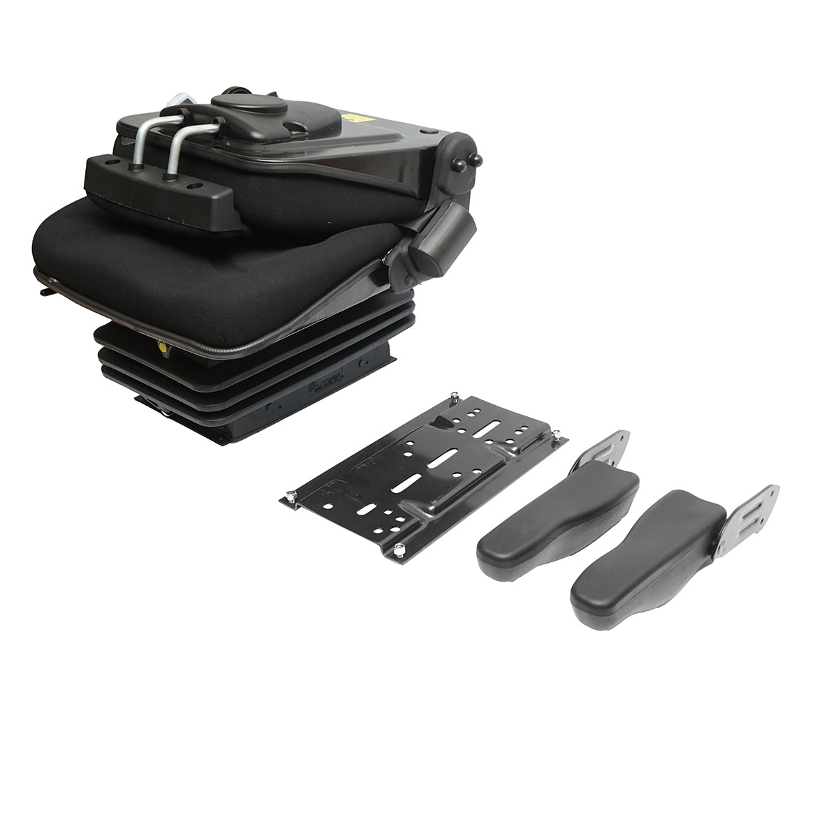 Fekete traktorülés, állítható, kartámasszal, fejtámlával, biztonsági övvel és mechanikus felfüggesztéssel, ülés szélessége 455 mm