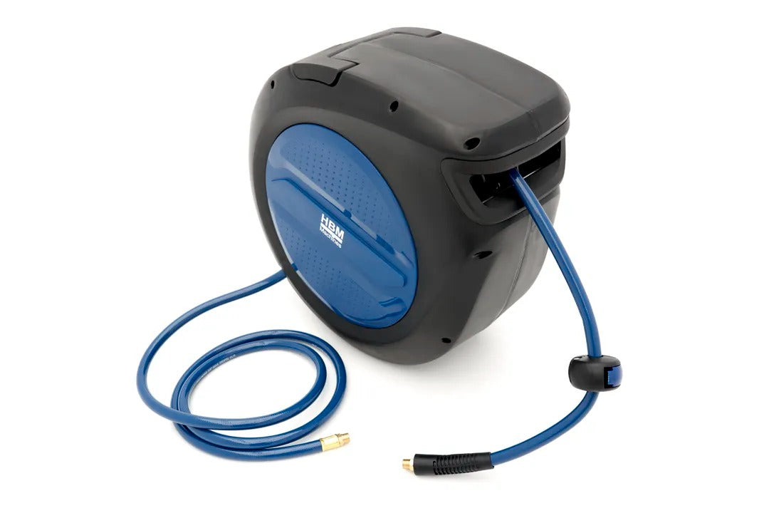 TÖMLŐDOB SŰRÍTETT LEVEGŐHÖZ – 30M, AUTOMATA VISSZAHÚZÁS ÉS RÖGZÍTÉS, 180°-BAN FORGATHATÓ TARTÓVAL – HBM