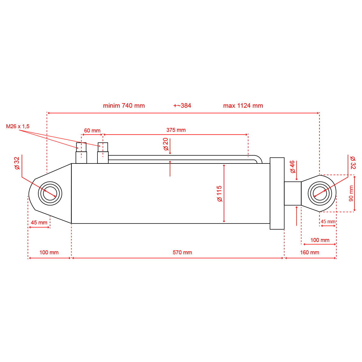 Hátsó hidraulikus munkahenger tolólaphoz és sárkaparóhoz 90x115x46x740x570x384 mm méretben Erdei traktorhoz