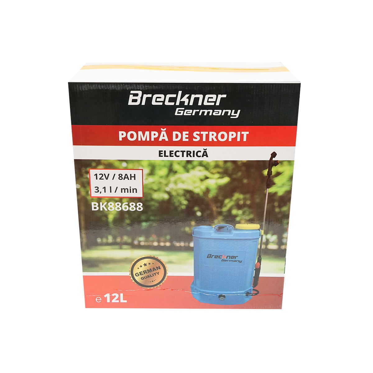 Elektromos permetezőgép/vermorel, 12L tartállyal, 12V 8Ah akkumulátor, 3.1 l/perc áramlás, Breckner Germany