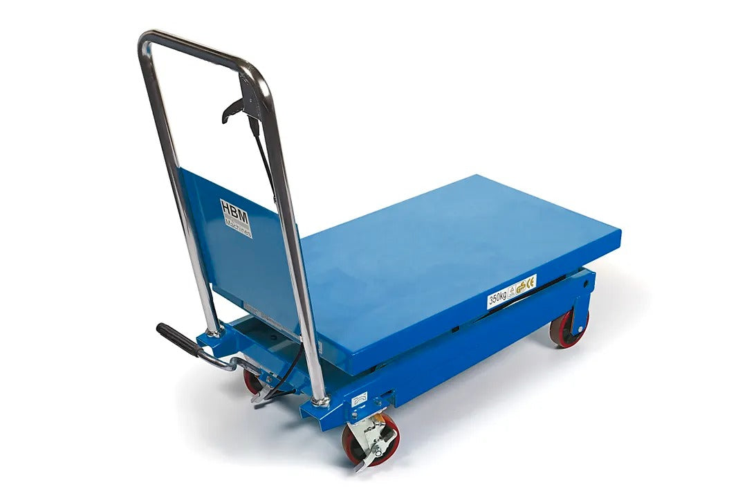 HIDRAULIKUS EMELŐ ASZTAL HBM HOLLANDIA MOBIL, 350 KG EMELŐPEDÁLLAL ÁLLÍTHATÓ MAGASSÁGGAL 130 CM-IG