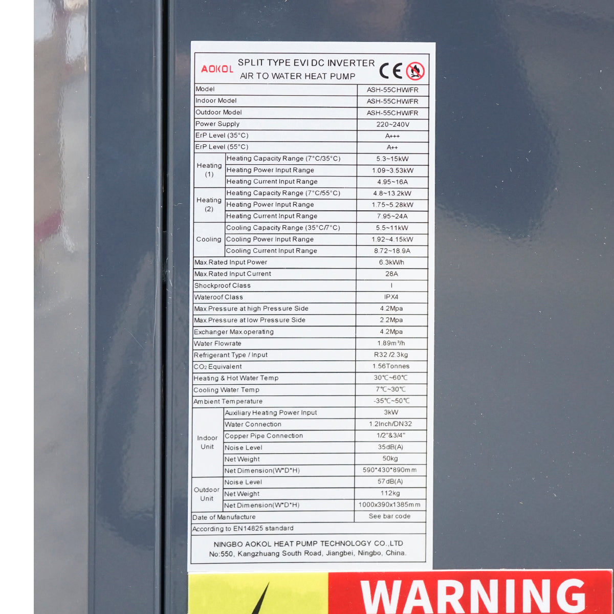 Hőszivattyú 15 kW, 230V, ASH-55CHW/FR, levegő-víz rendszer, Aokol