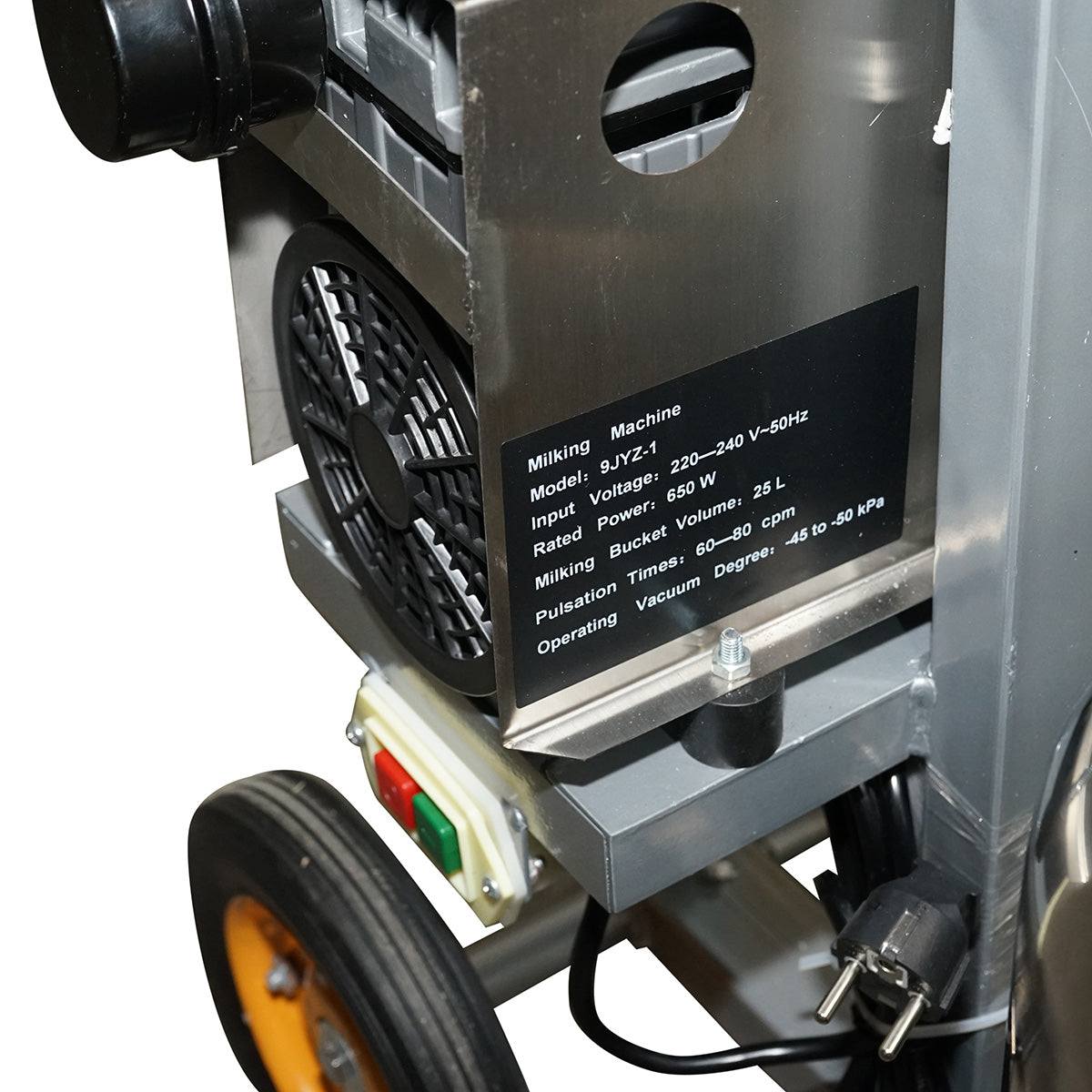 Tehénfejő gép, 1 állásos, 650 W, 25 literes rozsdamentes acél tartállyal, fejőegység 4 fejőpohárral, vákuumnyomás 45–50 kPa, pulzálás 60–80 ciklus/perc