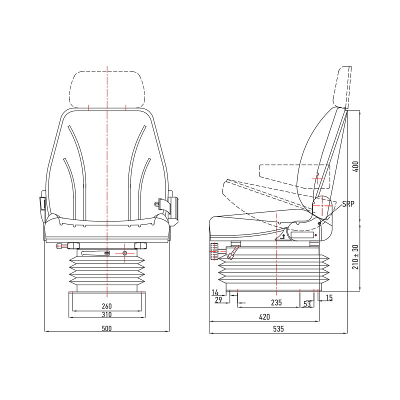 Univerzális ülés légpárnás felfüggesztéssel, magasság- és súlyállítással (50–140 kg), kartámasszal és 50–90°-ban dönthető háttámlával traktorhoz, mezőgazdasági, ipari gépekhez, targoncához