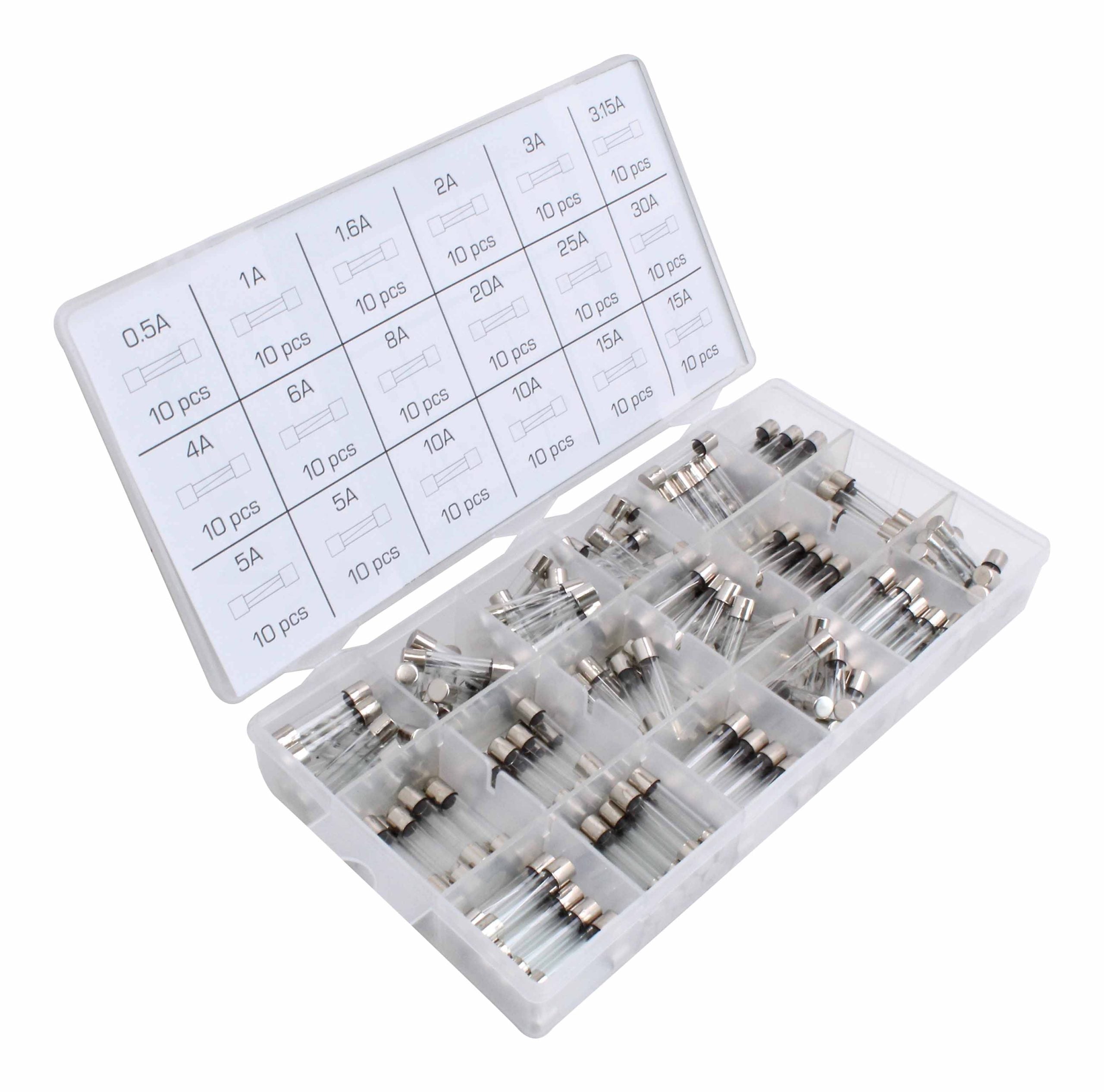 ÜVEG AUTÓBIZTOSÍTÉK KÉSZLET 6X30MM 0,5A-30A 180 DB