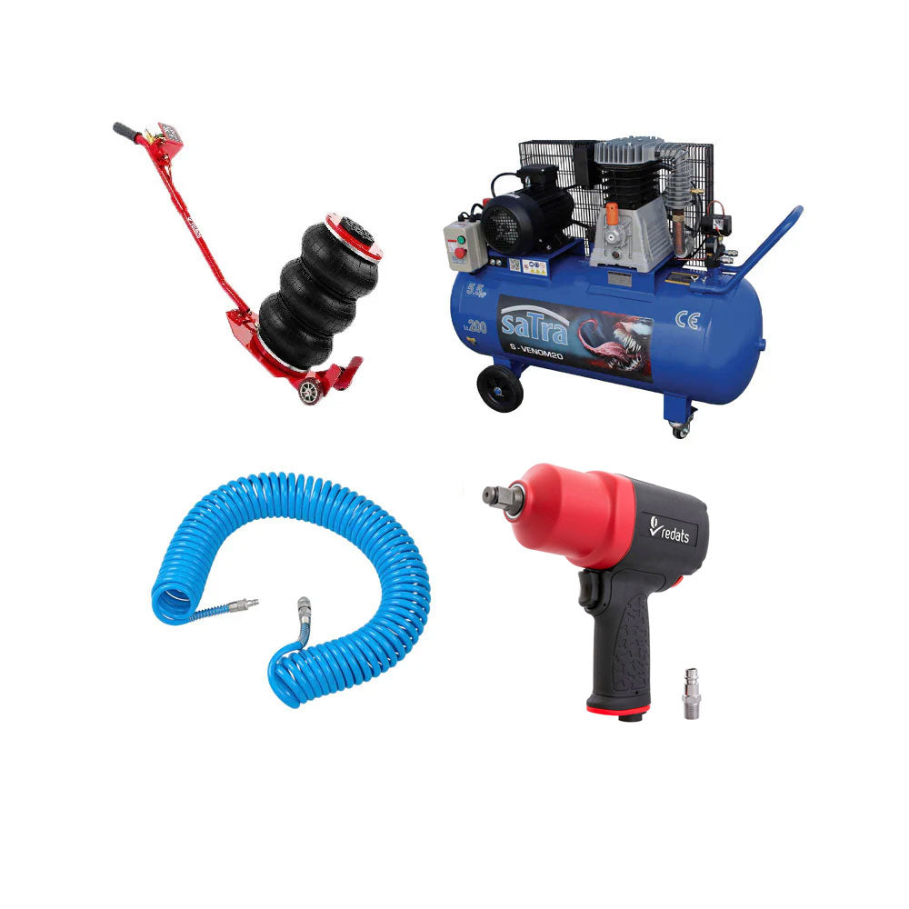 P-180 LÉGKULCS 1/2" 1900 NM + LÉGKOMPRESSZOR 200L 5.5LE 380V + SPIRÁL LÉGTÖMLŐ 8 X 12 MM 15 M + PNEUMATIKUS LÉGPÁRNÁS EMELŐ 3 T