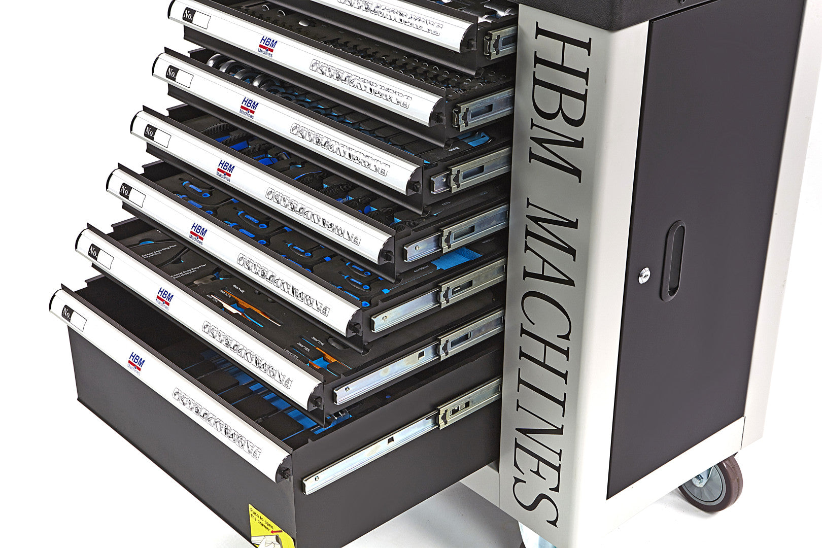 PROFESSZIONÁLIS FELSZERELT SZERSZÁMOS KOCSI – SZERSZÁMOS SZEKRÉNY HBM 7 FIÓKKAL, 262 DARABOS KÉSZLET, 7 SZÉNMODUL – HOLLANDIA, PRÉMIUM