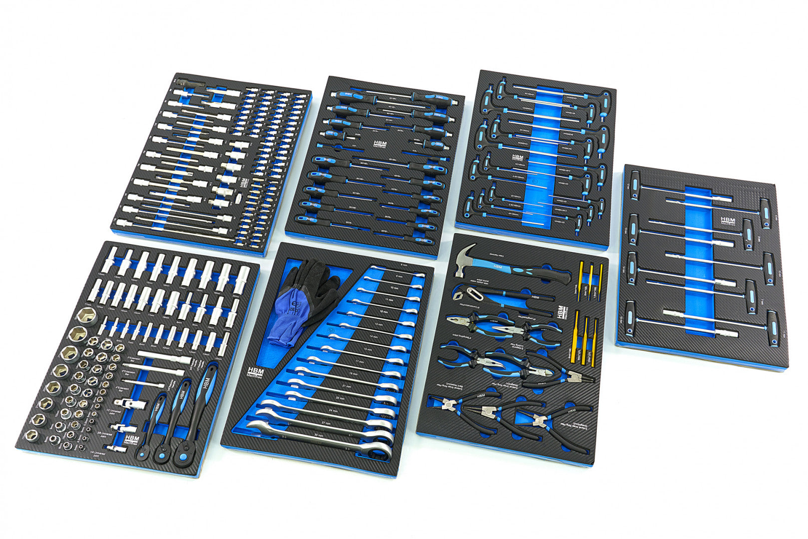 PROFESSZIONÁLIS FELSZERELT SZERSZÁMOS KOCSI – SZERSZÁMOS SZEKRÉNY HBM 7 FIÓKKAL, 262 DARABOS KÉSZLET, 7 SZÉNMODUL – HOLLANDIA, PRÉMIUM