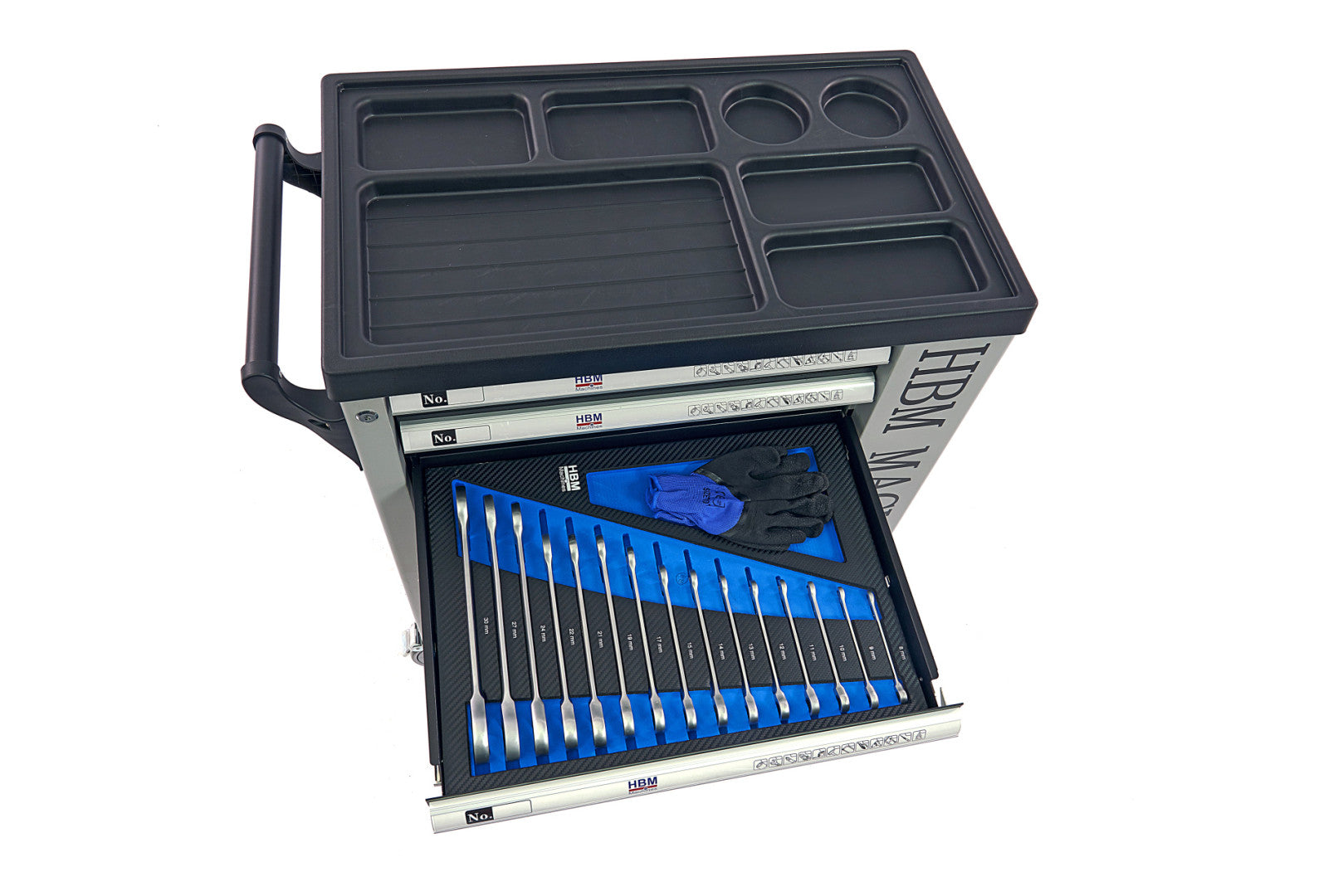 PROFESSZIONÁLIS FELSZERELT SZERSZÁMOS KOCSI – SZERSZÁMOS SZEKRÉNY HBM 7 FIÓKKAL, 262 DARABOS KÉSZLET, 7 SZÉNMODUL – HOLLANDIA, PRÉMIUM