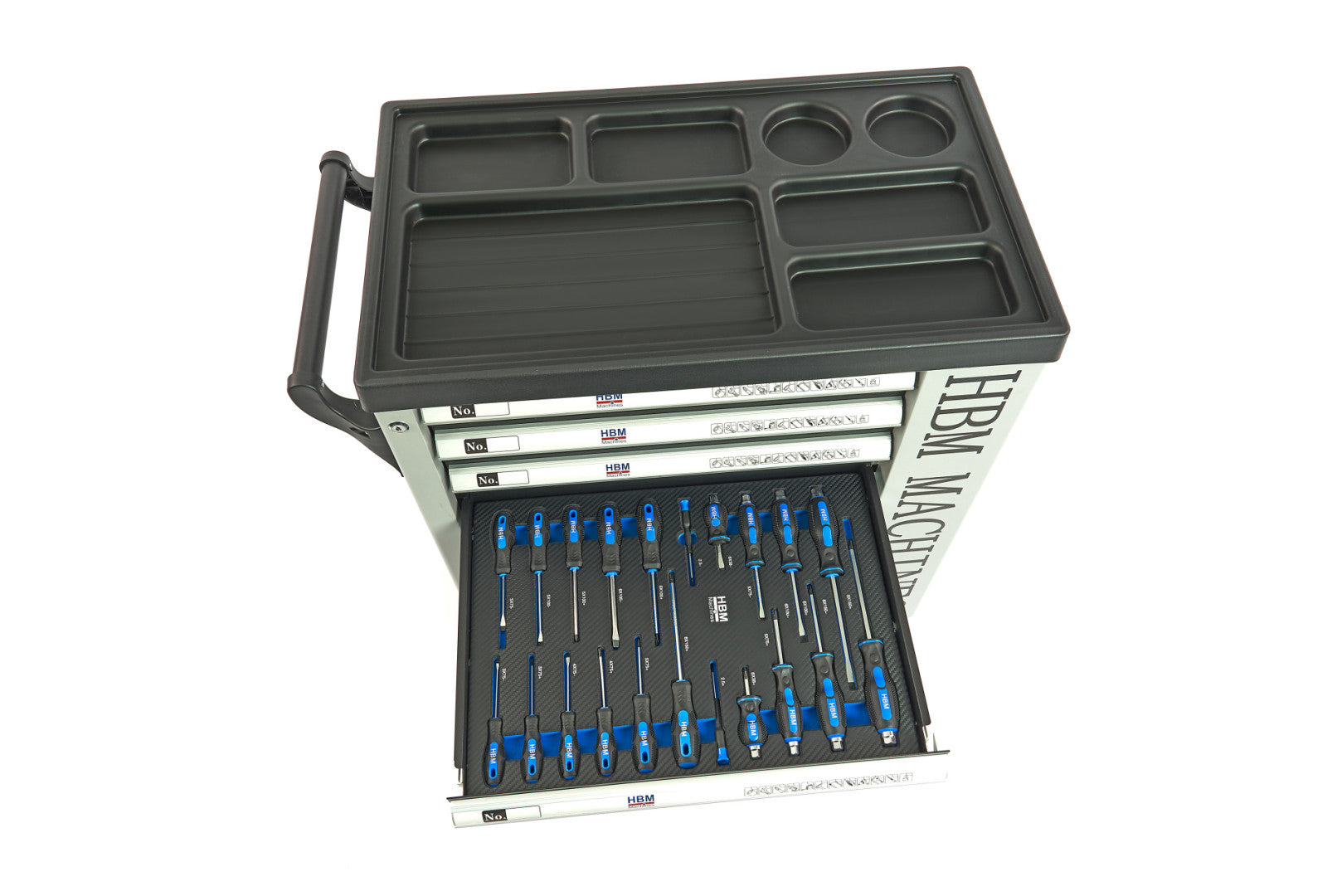 PROFESSZIONÁLIS FELSZERELT SZERSZÁMOS KOCSI – SZERSZÁMOS SZEKRÉNY HBM 7 FIÓKKAL, 262 DARABOS KÉSZLET, 7 SZÉNMODUL – HOLLANDIA, PRÉMIUM