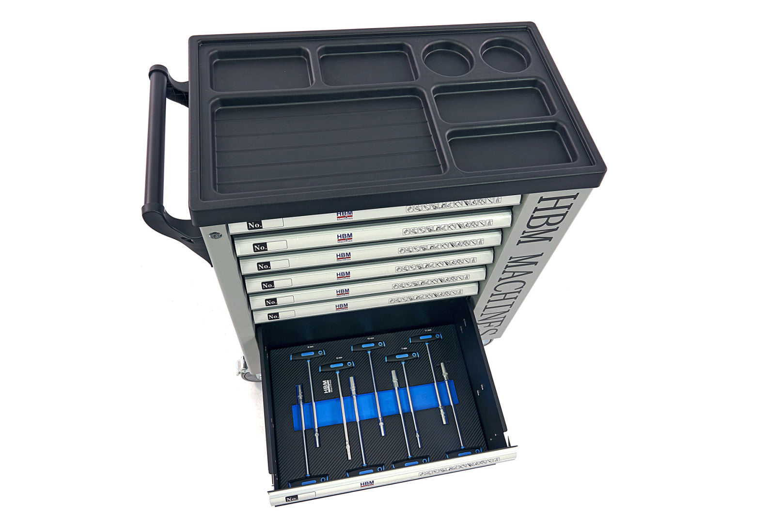 PROFESSZIONÁLIS FELSZERELT SZERSZÁMOS KOCSI – SZERSZÁMOS SZEKRÉNY HBM 7 FIÓKKAL, 262 DARABOS KÉSZLET, 7 SZÉNMODUL – HOLLANDIA, PRÉMIUM