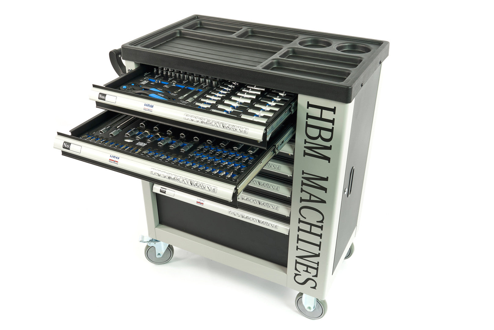 PROFESSZIONÁLIS FELSZERELT SZERSZÁMOS KOCSI – SZERSZÁMOS SZEKRÉNY HBM 7 FIÓKKAL, 262 DARABOS KÉSZLET, 7 SZÉNMODUL – HOLLANDIA, PRÉMIUM
