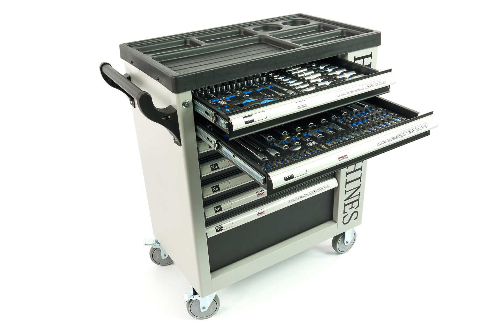 PROFESSZIONÁLIS FELSZERELT SZERSZÁMOS KOCSI – SZERSZÁMOS SZEKRÉNY HBM 7 FIÓKKAL, 262 DARABOS KÉSZLET, 7 SZÉNMODUL – HOLLANDIA, PRÉMIUM