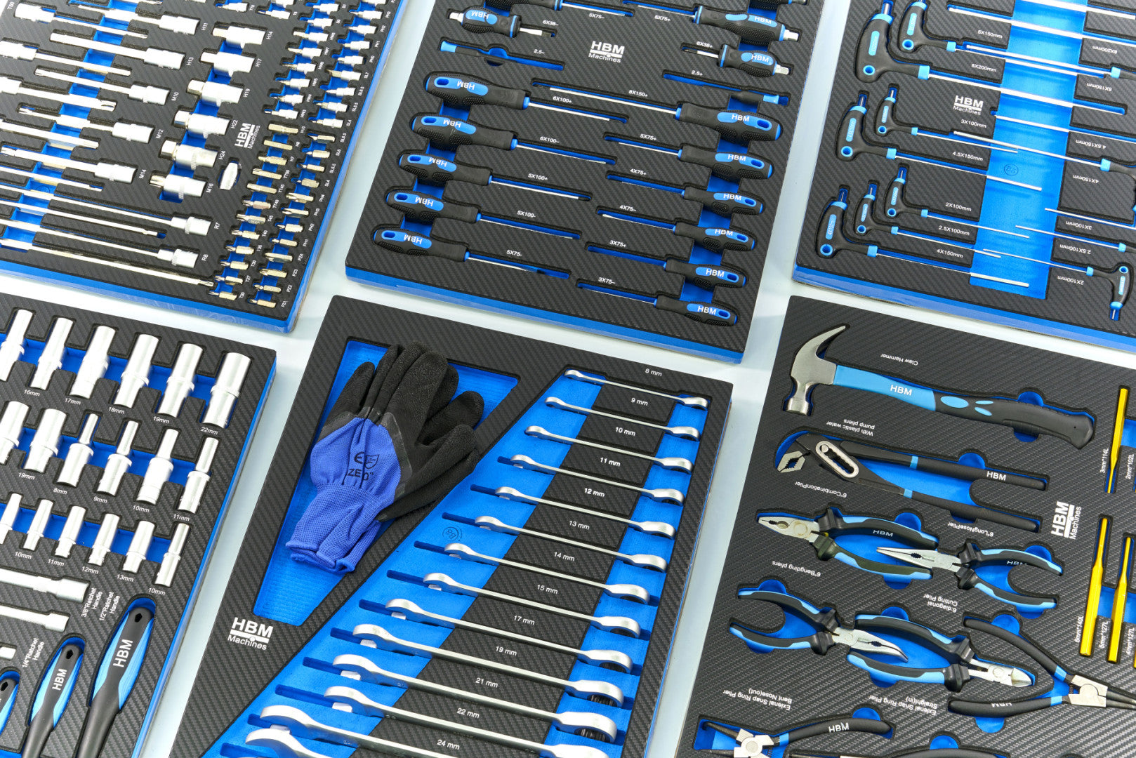 PROFESSZIONÁLIS FELSZERELT SZERSZÁMOS KOCSI – SZERSZÁMOS SZEKRÉNY HBM 7 FIÓKKAL, 262 DARABOS KÉSZLET, 7 SZÉNMODUL – HOLLANDIA, PRÉMIUM