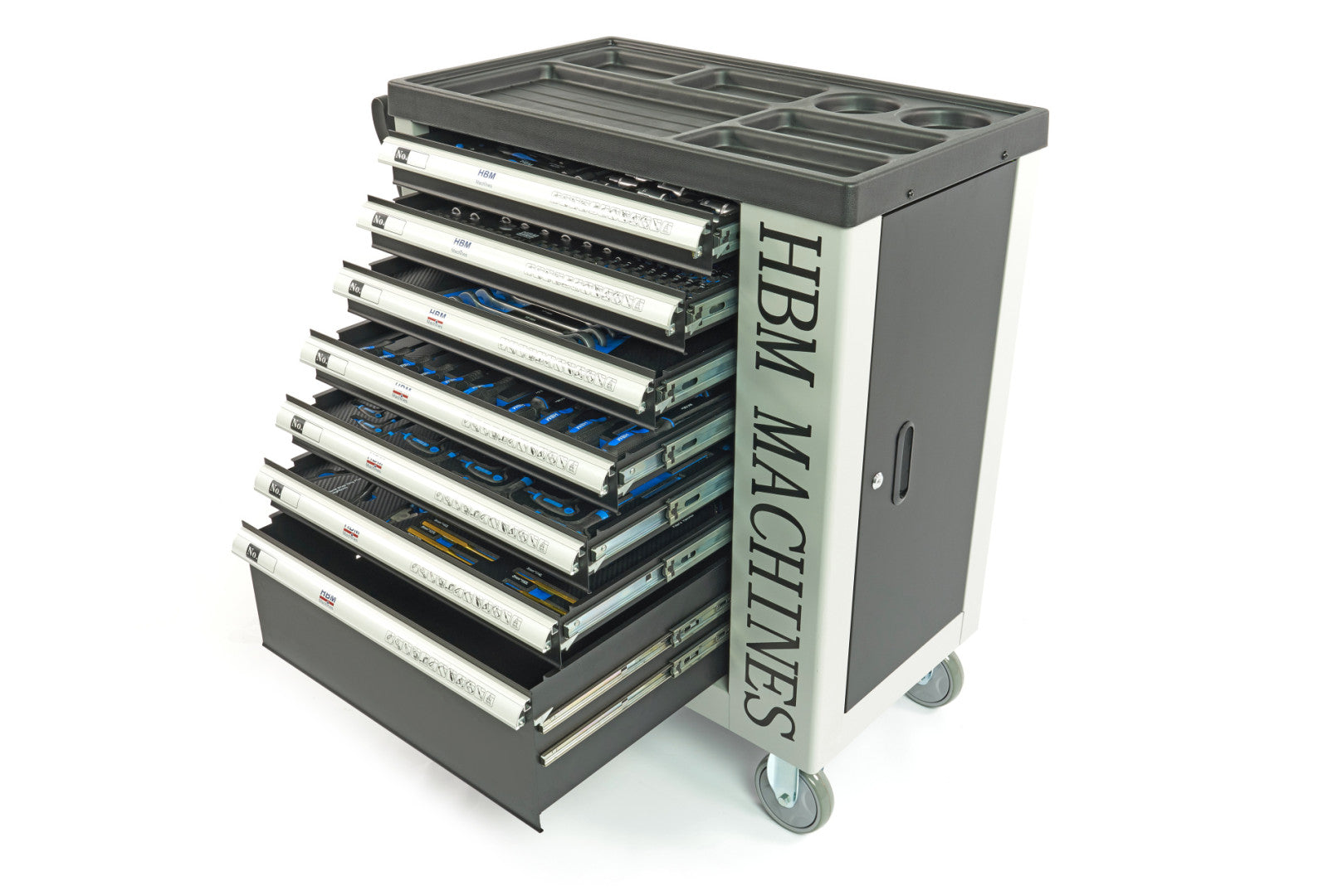 PROFESSZIONÁLIS FELSZERELT SZERSZÁMOS KOCSI – SZERSZÁMOS SZEKRÉNY HBM 7 FIÓKKAL, 262 DARABOS KÉSZLET, 7 SZÉNMODUL – HOLLANDIA, PRÉMIUM