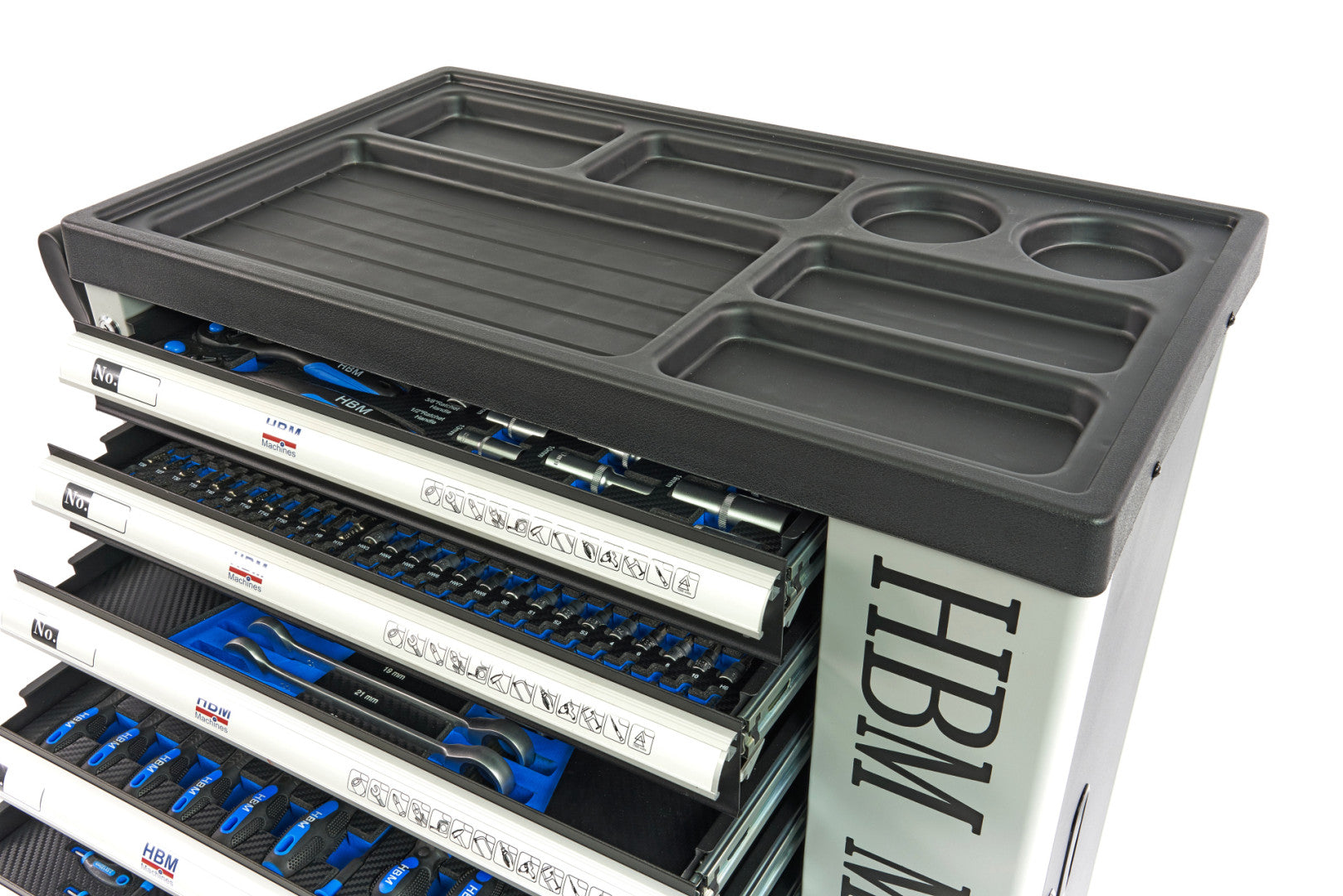 PROFESSZIONÁLIS FELSZERELT SZERSZÁMOS KOCSI – SZERSZÁMOS SZEKRÉNY HBM 7 FIÓKKAL, 262 DARABOS KÉSZLET, 7 SZÉNMODUL – HOLLANDIA, PRÉMIUM