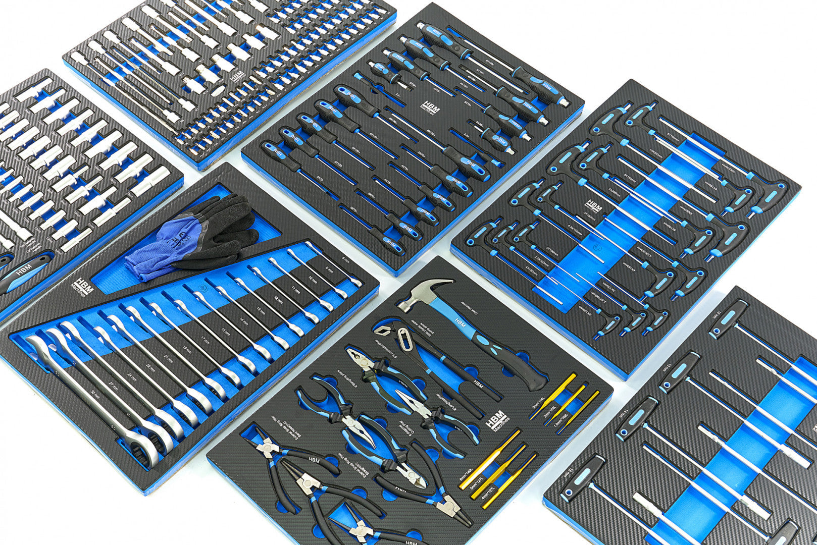 PROFESSZIONÁLIS FELSZERELT SZERSZÁMOS KOCSI – SZERSZÁMOS SZEKRÉNY HBM 7 FIÓKKAL, 262 DARABOS KÉSZLET, 7 SZÉNMODUL – HOLLANDIA, PRÉMIUM