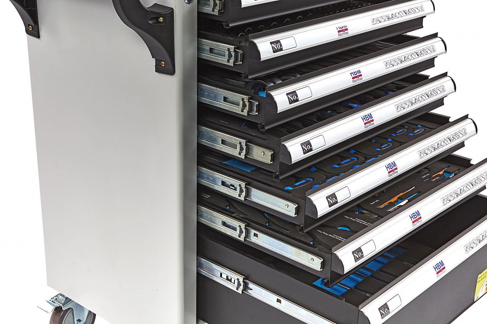 PROFESSZIONÁLIS FELSZERELT SZERSZÁMOS KOCSI – SZERSZÁMOS SZEKRÉNY HBM 7 FIÓKKAL, 262 DARABOS KÉSZLET, 7 SZÉNMODUL – HOLLANDIA, PRÉMIUM