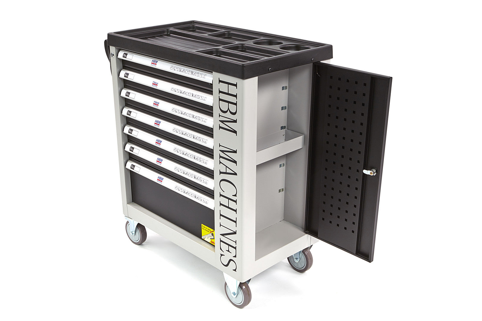 PROFESSZIONÁLIS FELSZERELT SZERSZÁMOS KOCSI – SZERSZÁMOS SZEKRÉNY HBM 7 FIÓKKAL, 262 DARABOS KÉSZLET, 7 SZÉNMODUL – HOLLANDIA, PRÉMIUM