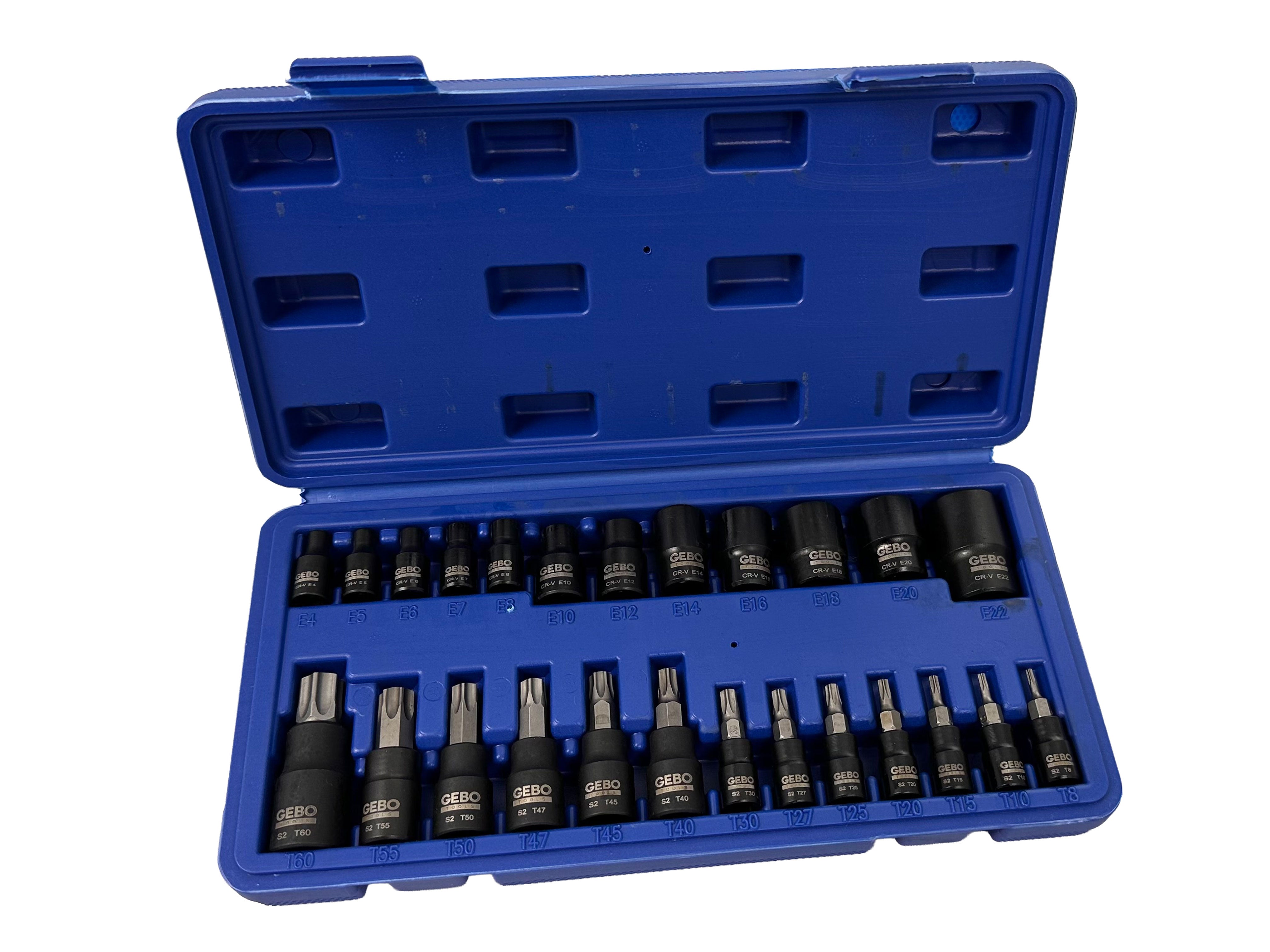 TORX BIT ÉS DUGÓKULCS KÉSZLET T8–T60 E-PROFIL E4–E20 1/4" 3/8" 1/2" 25 DB GEBO TOOLS