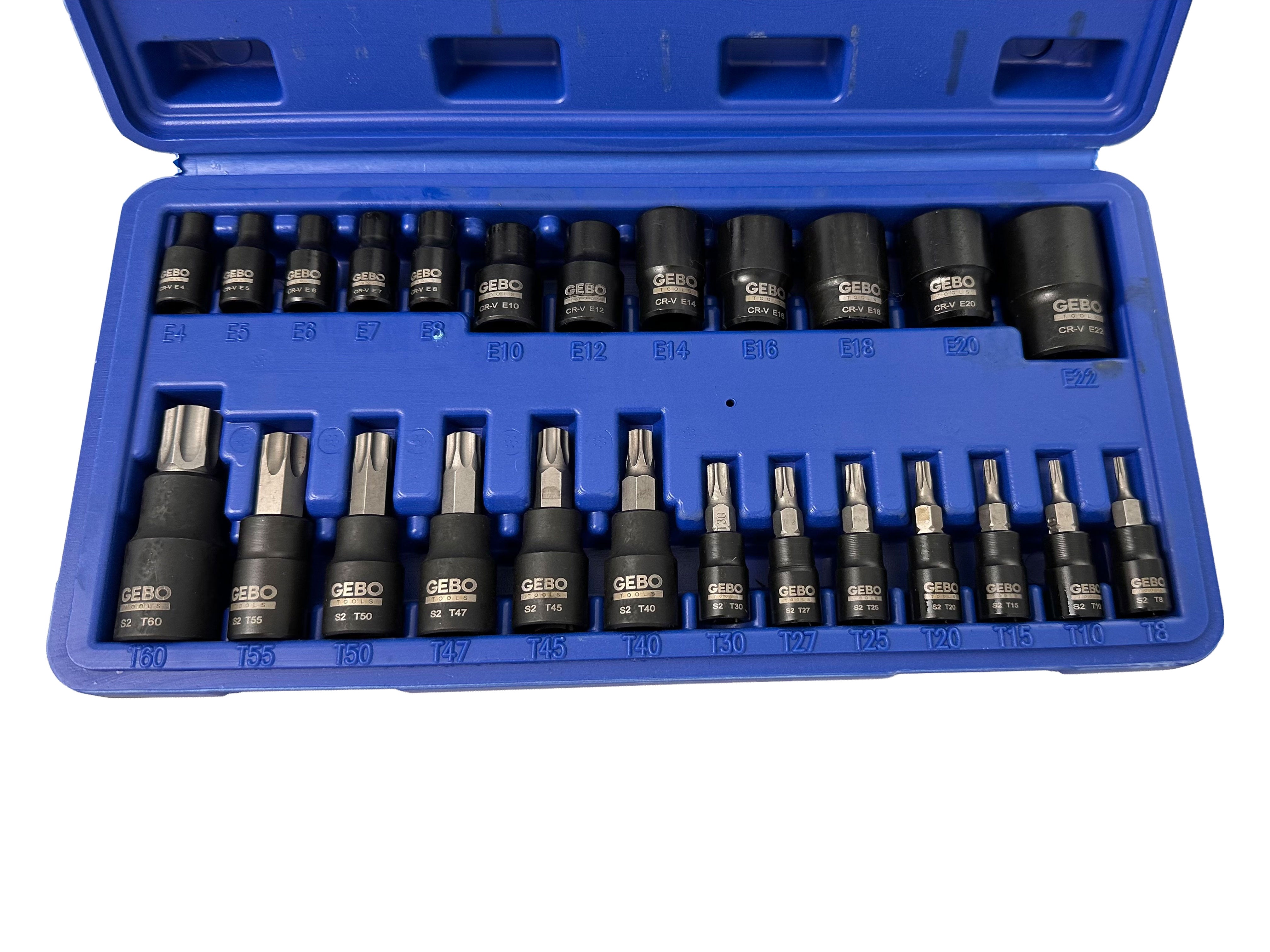 TORX BIT ÉS DUGÓKULCS KÉSZLET T8–T60 E-PROFIL E4–E20 1/4" 3/8" 1/2" 25 DB GEBO TOOLS
