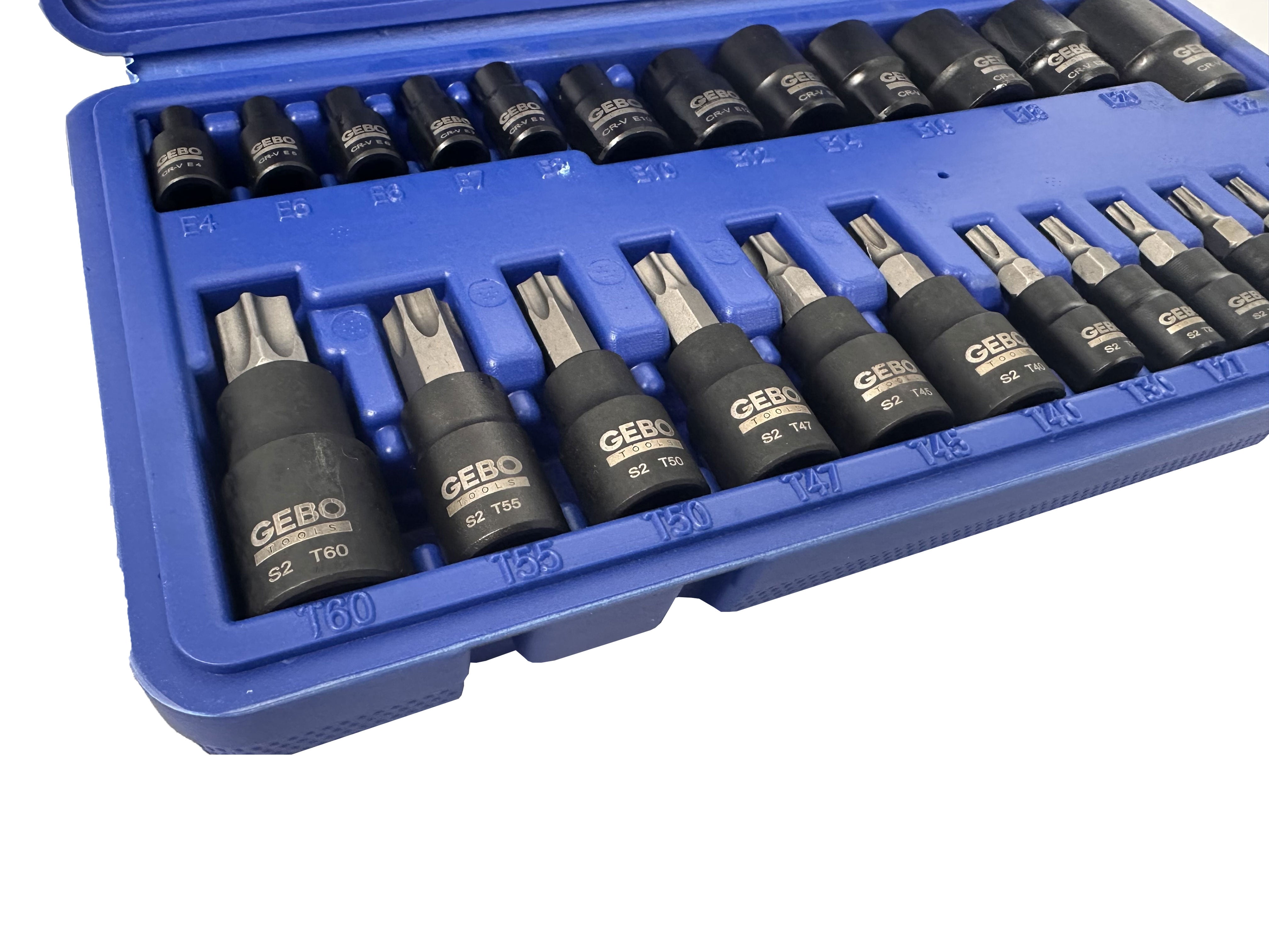 TORX BIT ÉS DUGÓKULCS KÉSZLET T8–T60 E-PROFIL E4–E20 1/4" 3/8" 1/2" 25 DB GEBO TOOLS
