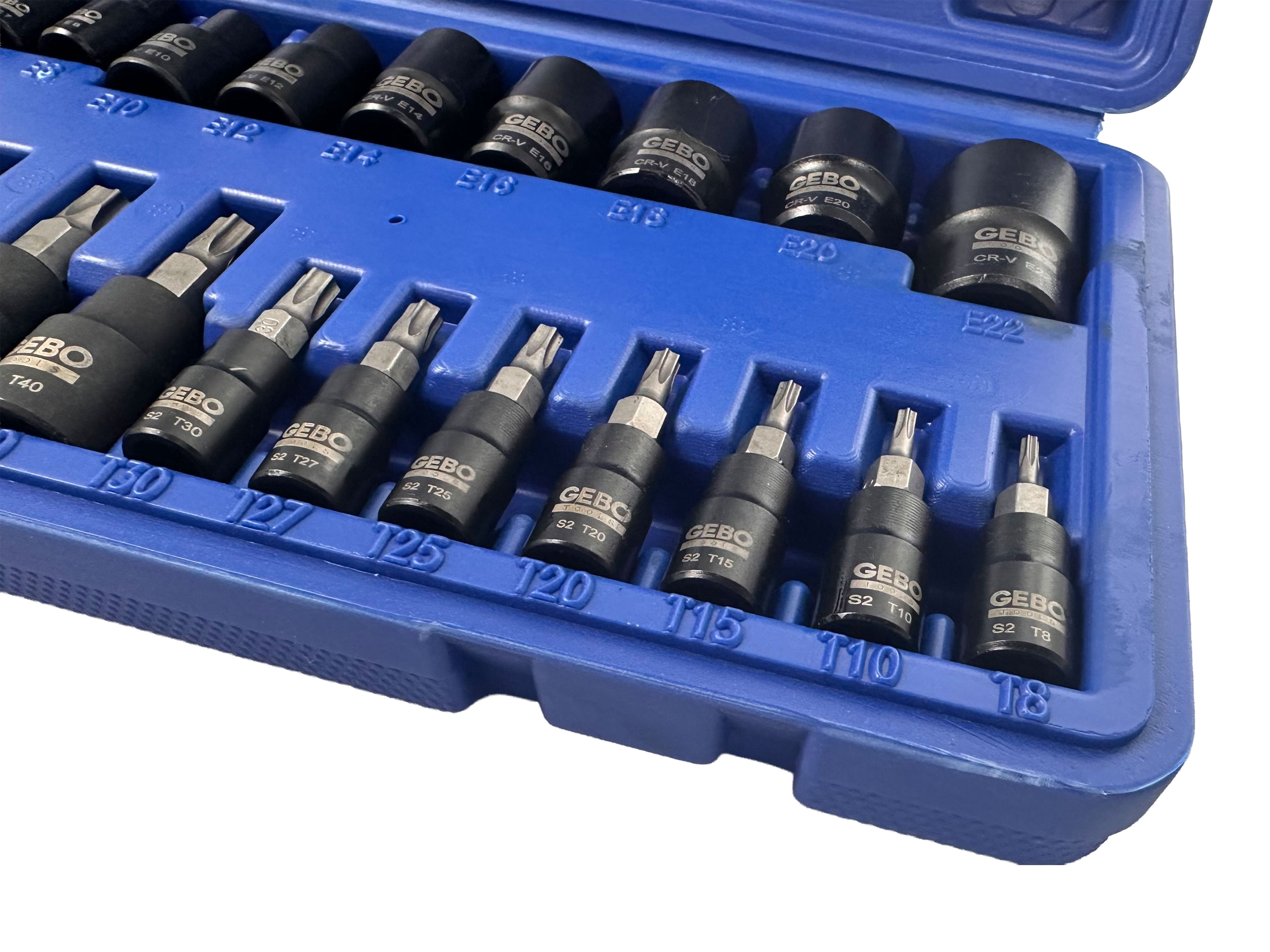 TORX BIT ÉS DUGÓKULCS KÉSZLET T8–T60 E-PROFIL E4–E20 1/4" 3/8" 1/2" 25 DB GEBO TOOLS