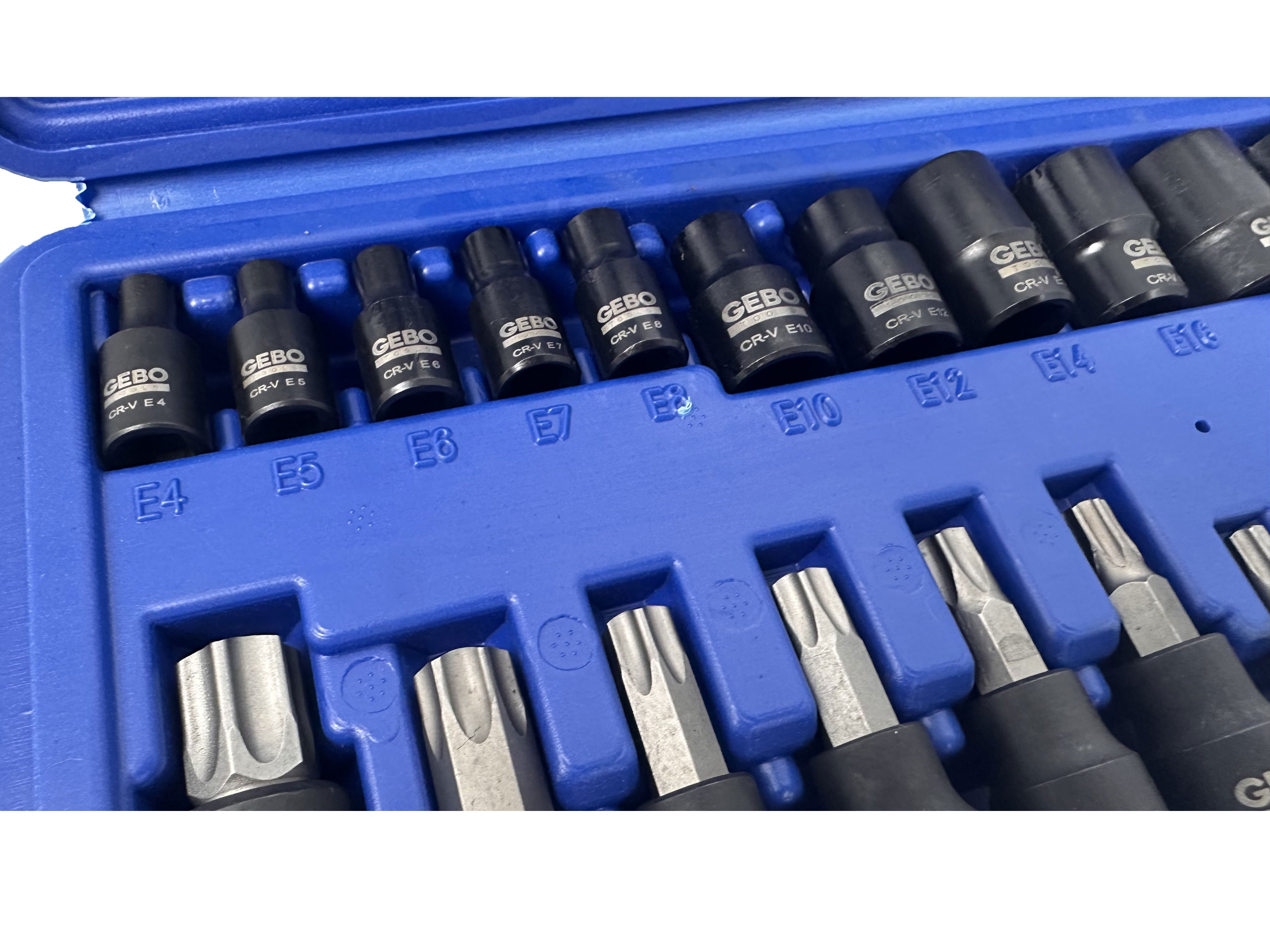 TORX BIT ÉS DUGÓKULCS KÉSZLET T8–T60 E-PROFIL E4–E20 1/4" 3/8" 1/2" 25 DB GEBO TOOLS