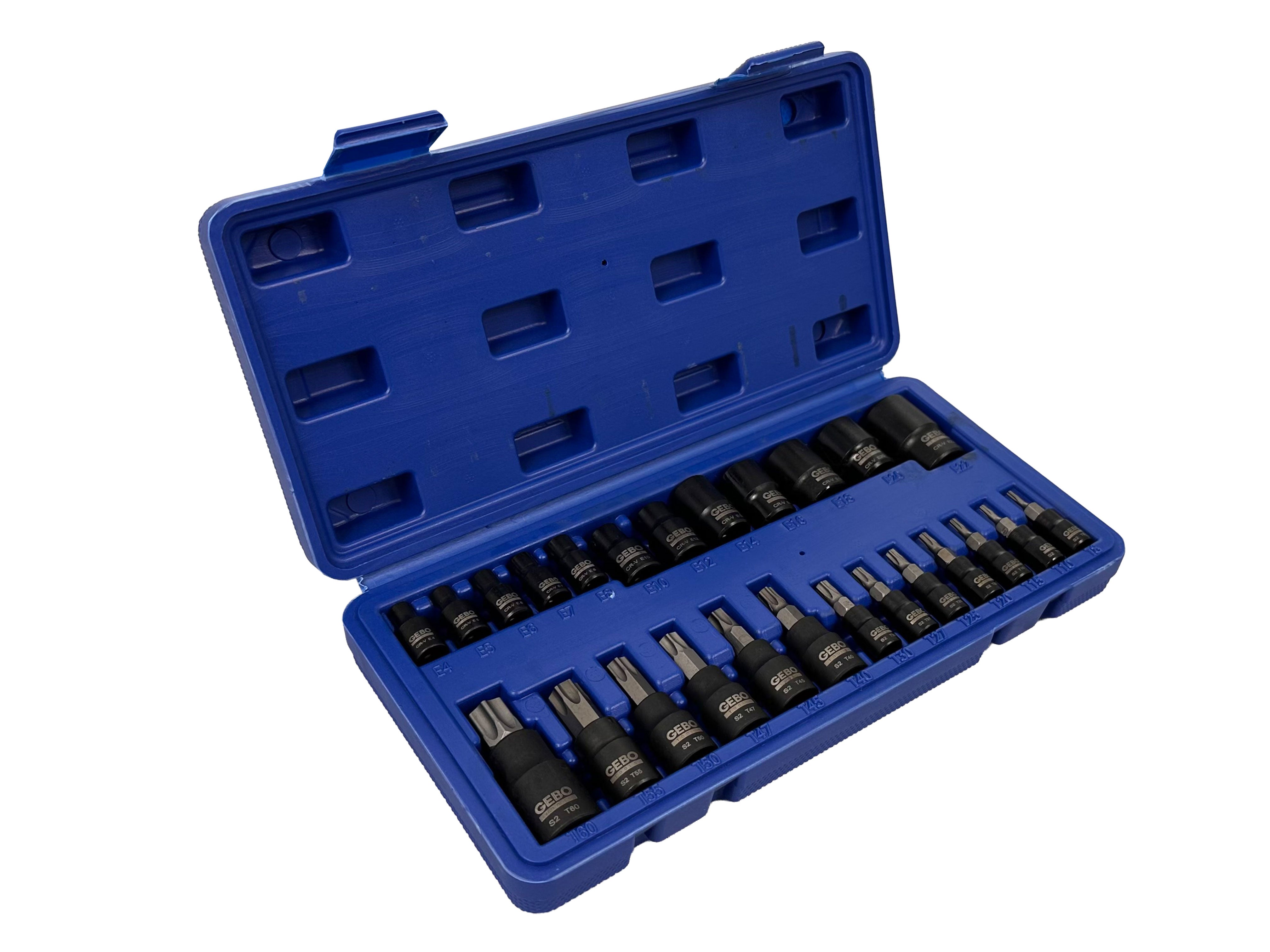 TORX BIT ÉS DUGÓKULCS KÉSZLET T8–T60 E-PROFIL E4–E20 1/4" 3/8" 1/2" 25 DB GEBO TOOLS