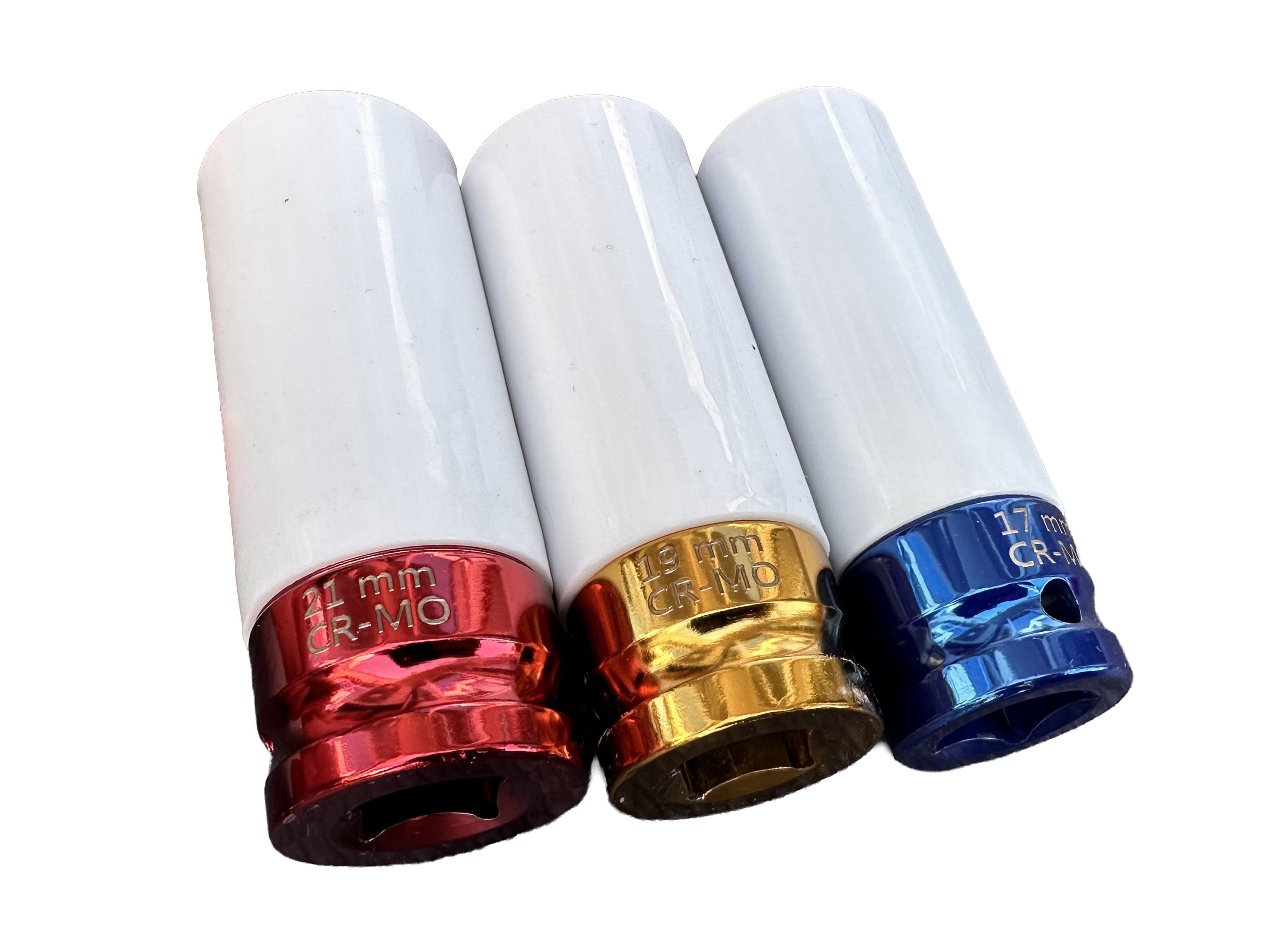 DUGÓKULCS KÉSZLET VÉDŐBURKOLATTAL 3 DB 17 19 21 MM KÖNNYŰFÉM FELNIKHEZ GEBO TOOLS