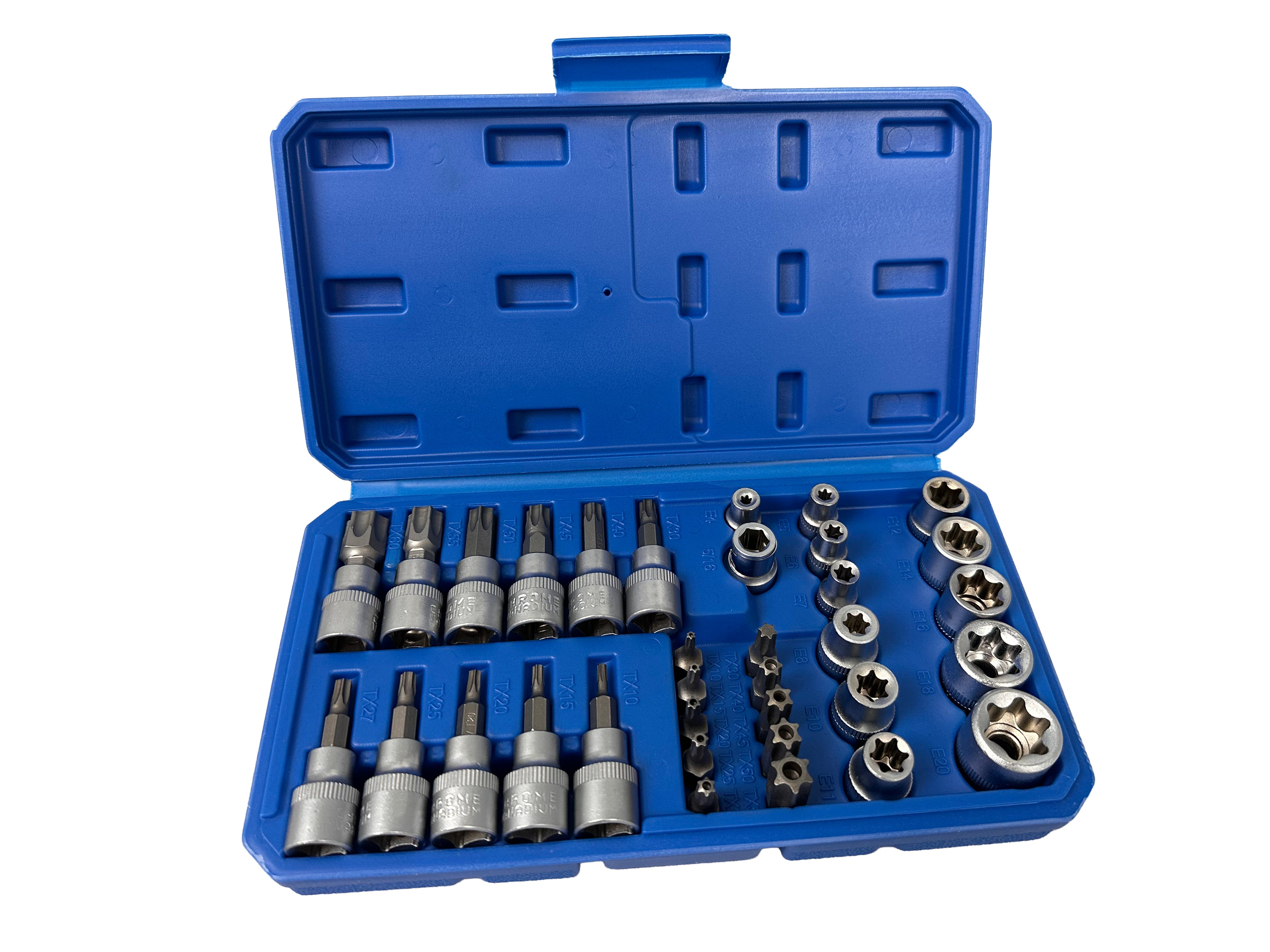 DUGÓKULCS KÉSZLET E-PROFIL TORX 3/8" 34 DB T10-T60 E4-E20 GEBO TOOLS