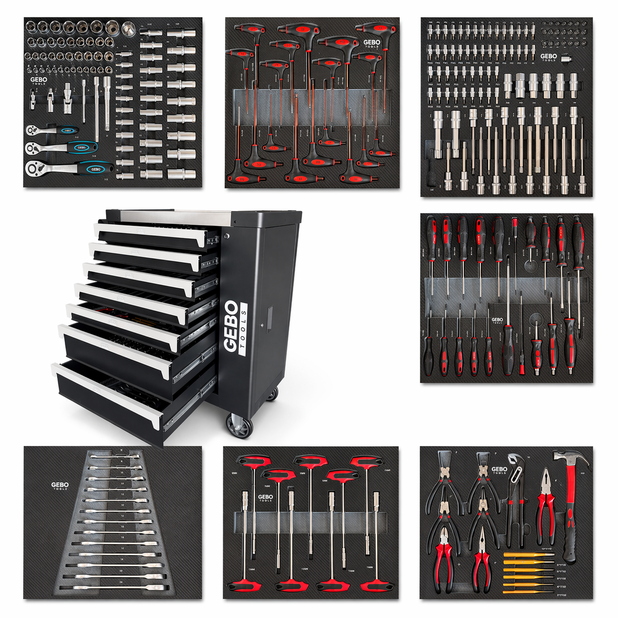 PROFESSZIONÁLIS FELSZERELT SZERSZÁMOS KOCSI – SZERSZÁMOS SZEKRÉNY, 7 FIÓK, 7 SZÉNMODUL, 262 DARABOS KÉSZLET GEBO TOOLS